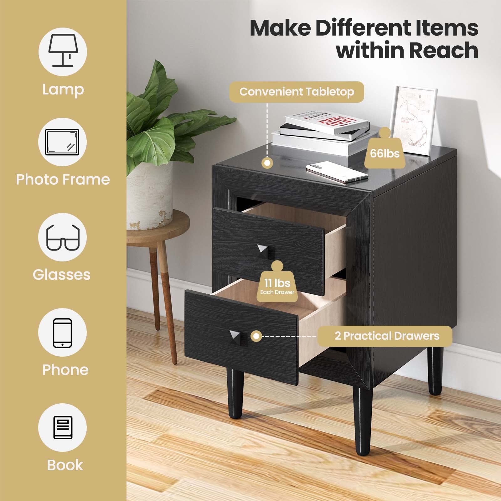 Giantex Black Nightstand - Fully Assembled 2-Drawer Bedside Table with Solid Wood Legs, Modern Bedroom Nightstand & Living Room Side Table for Small Spaces | Perfect for Bedrooms, Dorms & Apartments