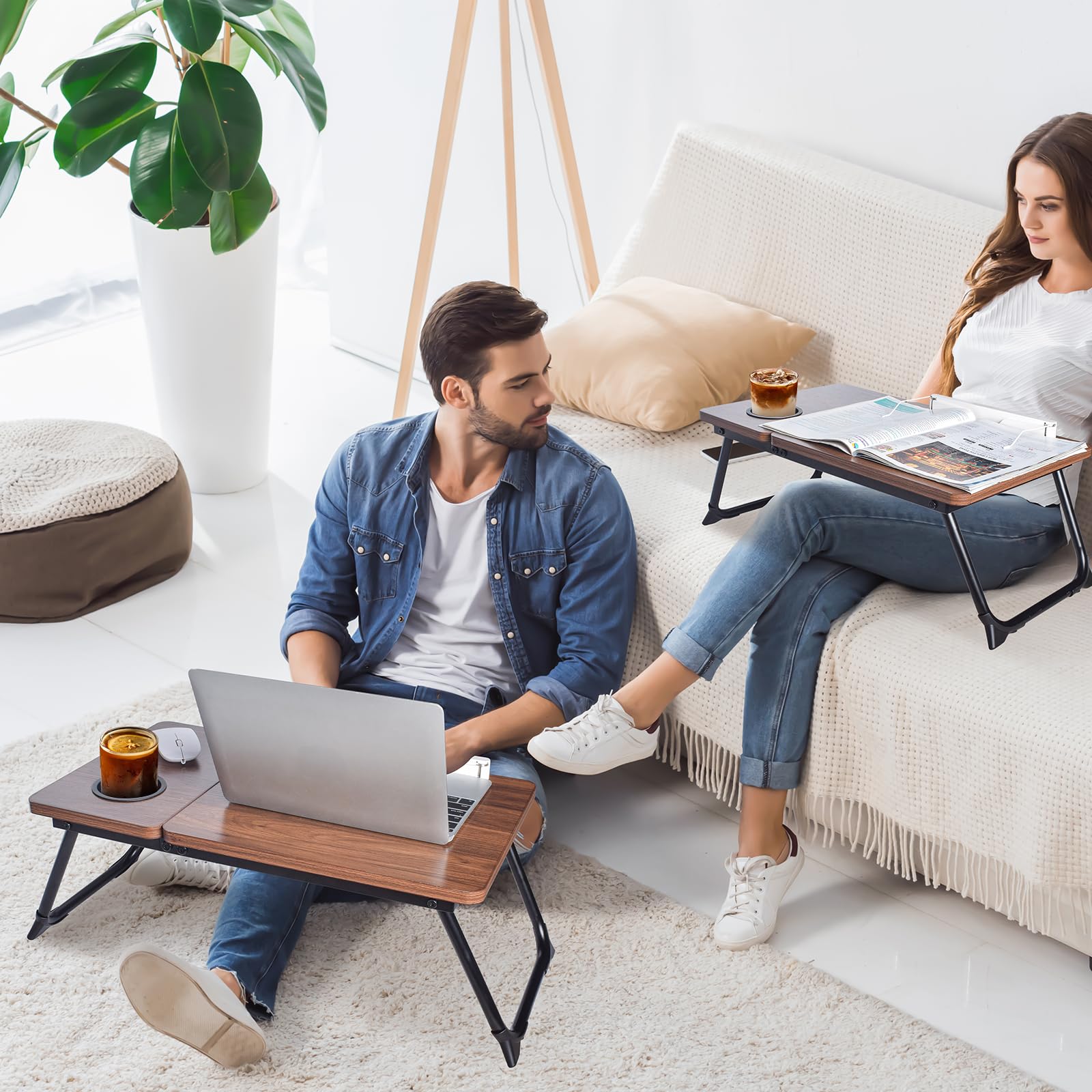 Adjustable Wooden Lap Desk for Bed & Sofa - Portable Laptop Tray with Built-in Cup Holder & Phone Slot - Perfect for Working, Reading, or Snacking in Bed, Couch, or Floor