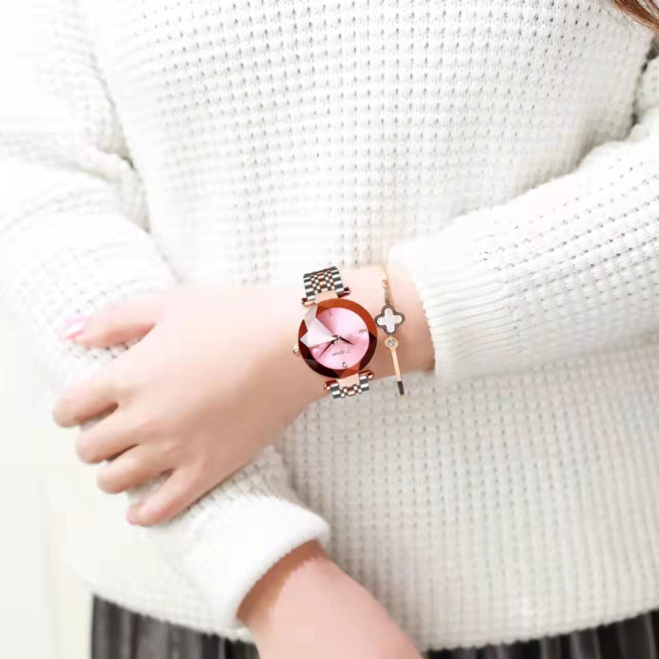 BestKANG Women's Analog Quartz Watch - 3D Fashion Dial & Rose Gold Mesh Strap - Elegant Ladies Wristwatch (Pink) | Perfect for Office, Party & Everyday Wear