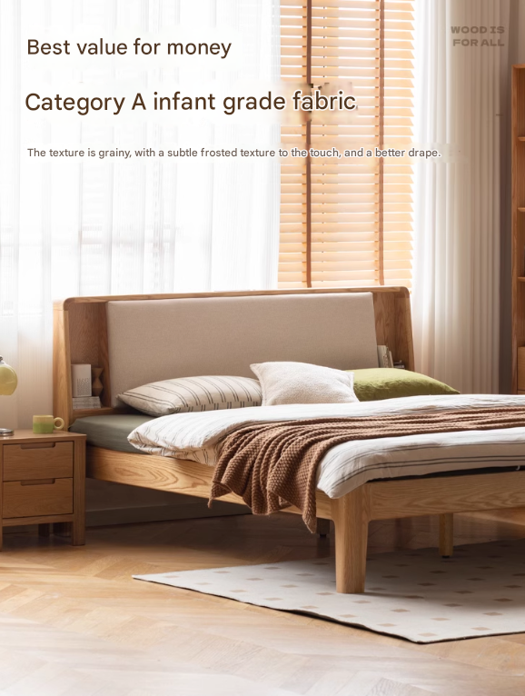Solid Oak Wood Leather & Fabric Luminous Bed with Shelf - Modern Platform Bed Frame with Storage for Bedroom, Guest Room, or Dorm