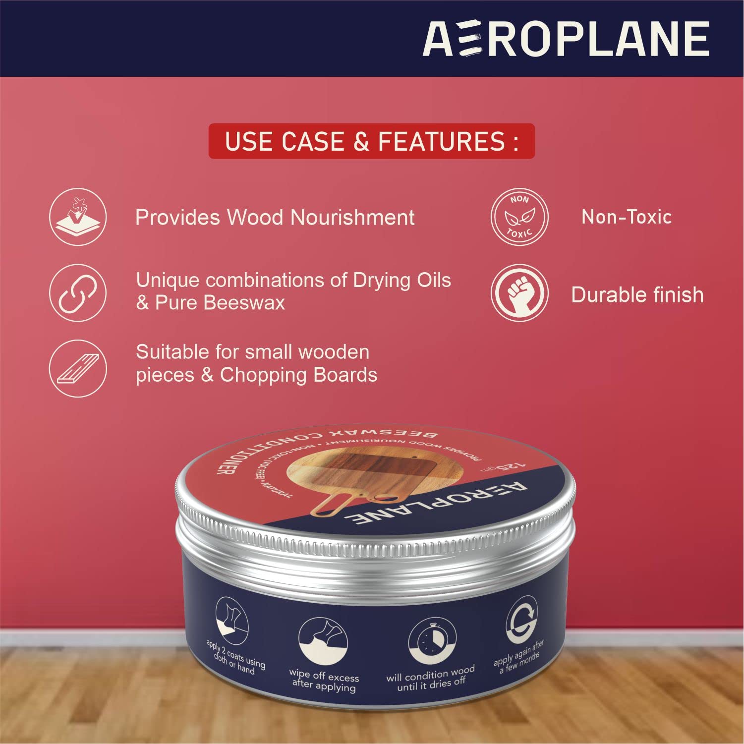 AEROPLANE Beeswax Wood Conditioner - Natural Wood Polish & Protector for Furniture, Cutting Boards & Woodenware (25g) | Restores Shine & Prevents Cracking - Perfect for Kitchen, Dining & Living Room Wood Care