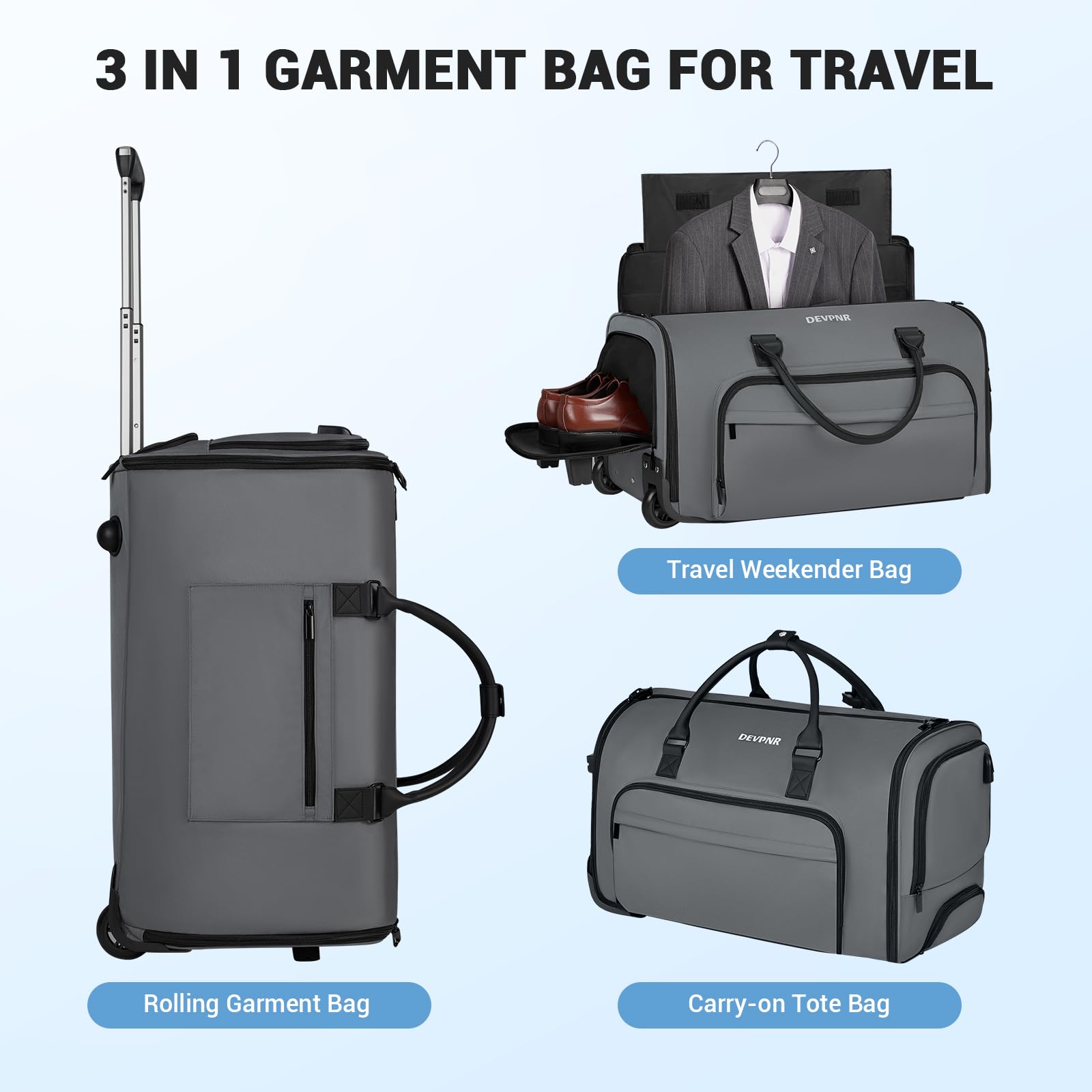 59L Rolling Garment Bag for Travel - Convertible 3-in-1 Carry On Duffle with Wheels & Shoe Compartment (Gray) | Perfect for Business Trips, Weddings & Airplane Carry-On Luggage