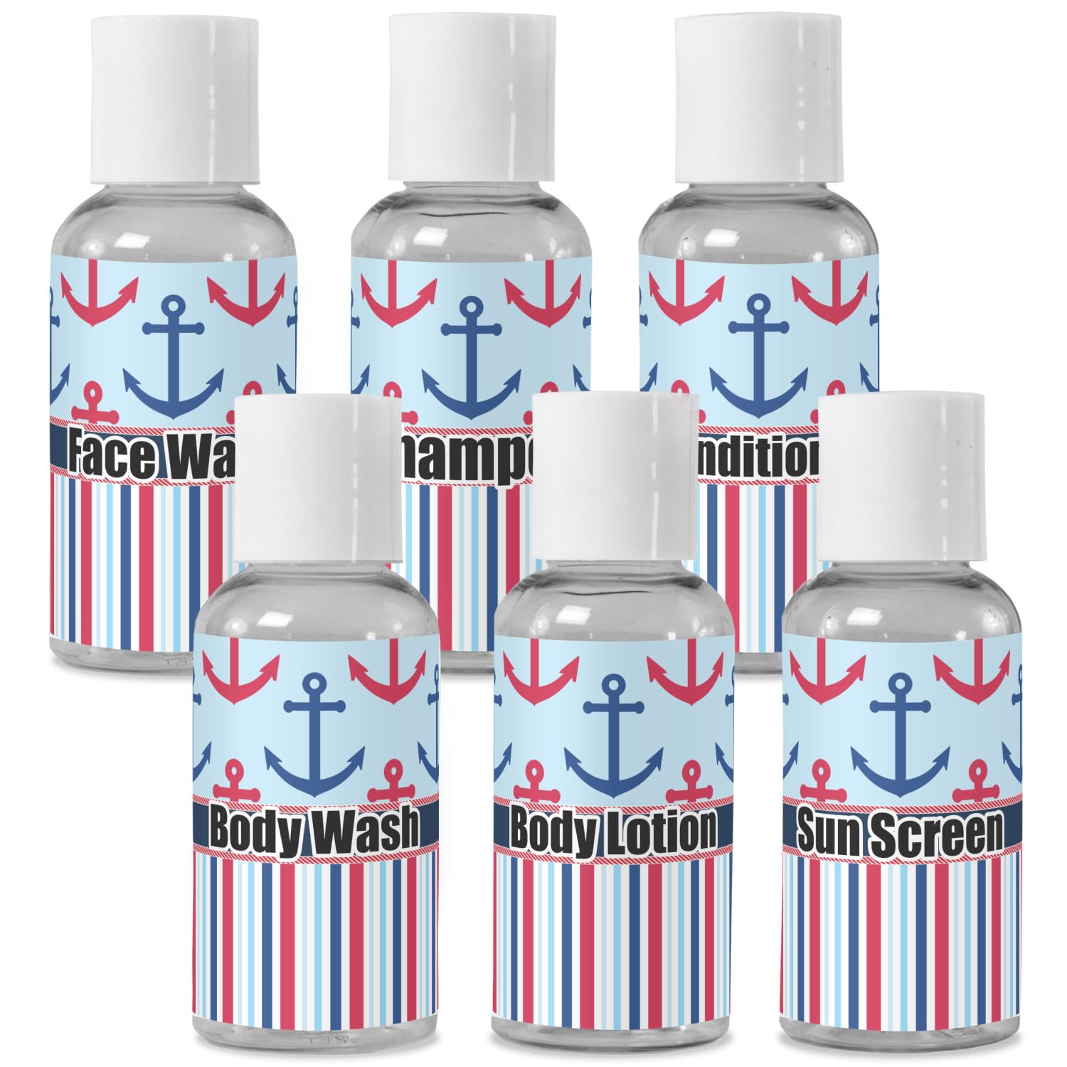 Personalized Anchors & Stripes Travel Bottles - Leak-Proof Toiletry Containers for Shampoo, Lotion & Cosmetics - Perfect for Vacations, Gym & Air Travel