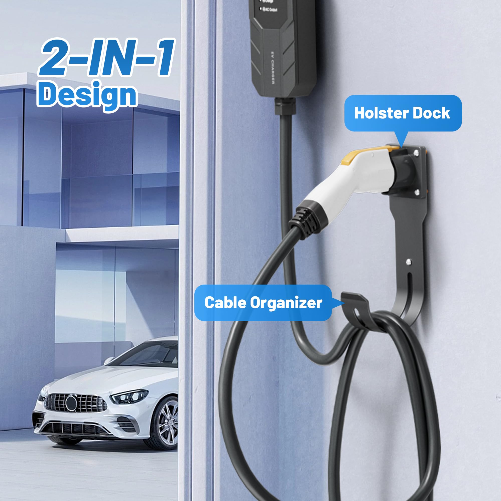 SAE J1772 EV Charger Holder - Wall Mount Nozzle Holster Dock & J-Hook Combo for Electric Vehicle Charging Cable Organization | Perfect for Home Garage, Workplace & Public Charging Stations