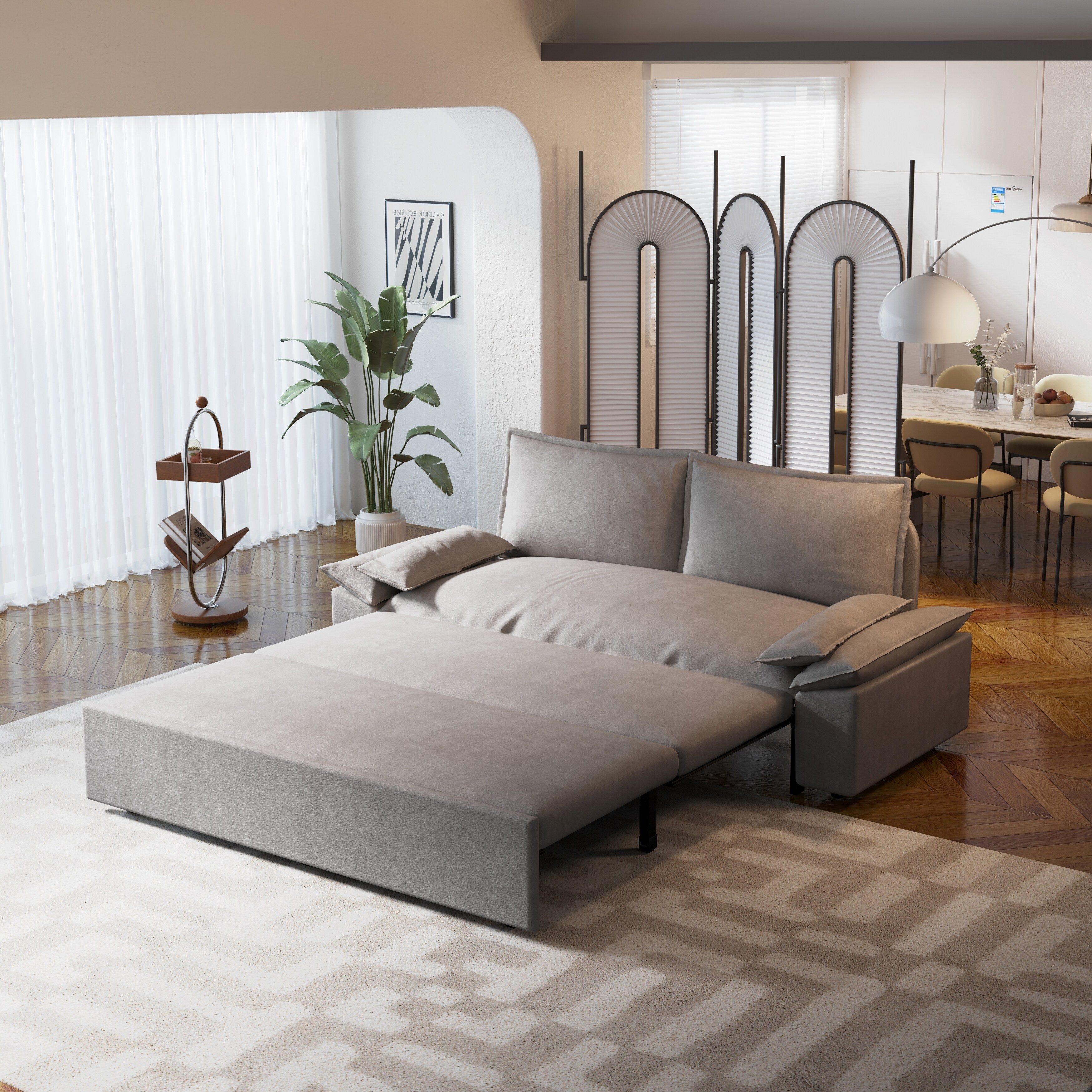 3 in 1 Convertible Sleeper Sofa Bed - Queen Size Pull Out Couch with Velvet Upholstery & Pillows - Space Saving Furniture for Small Apartments, Guest Rooms & Home Offices