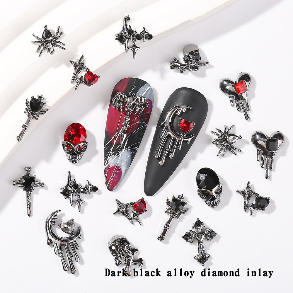 32 PCS Halloween Nail Charms - 3D Alloy Spider Skull Nail Art Decorations for Acrylic Nails, Dark Black Cross Moon Nail Gems - DIY Nail Jewelry for Women | Perfect for Halloween Parties, Costume Nail Art & Spooky Nail Designs
