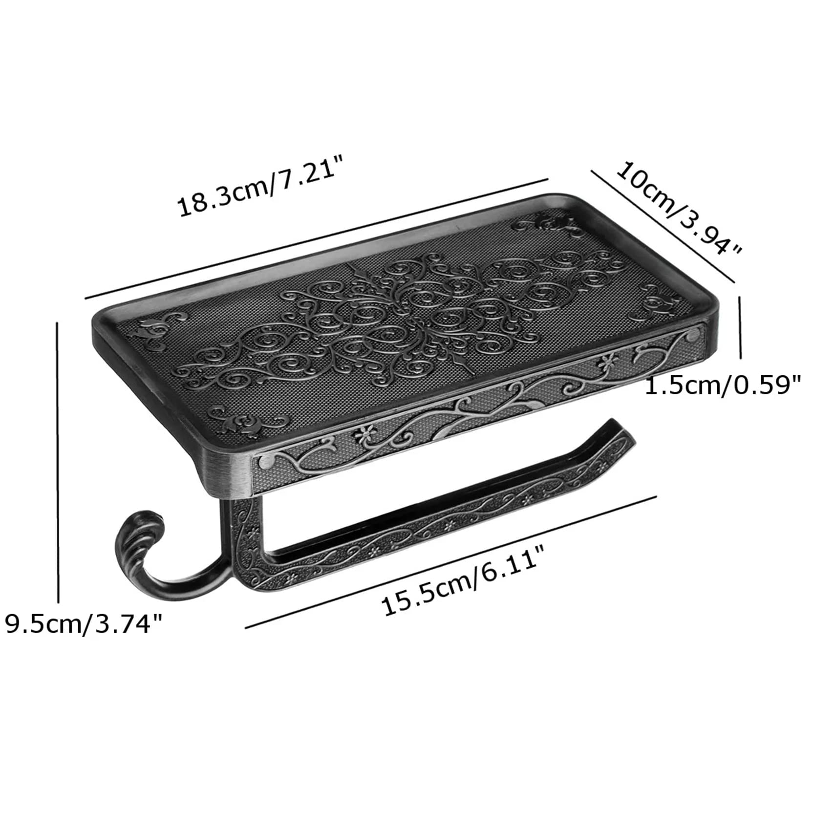 Vintage Aluminum Toilet Paper Holder with Shelf - Wall Mount Bathroom Tissue Roll Holder (Black) - Perfect for Modern & Classic Bathrooms, Powder Rooms & RVs