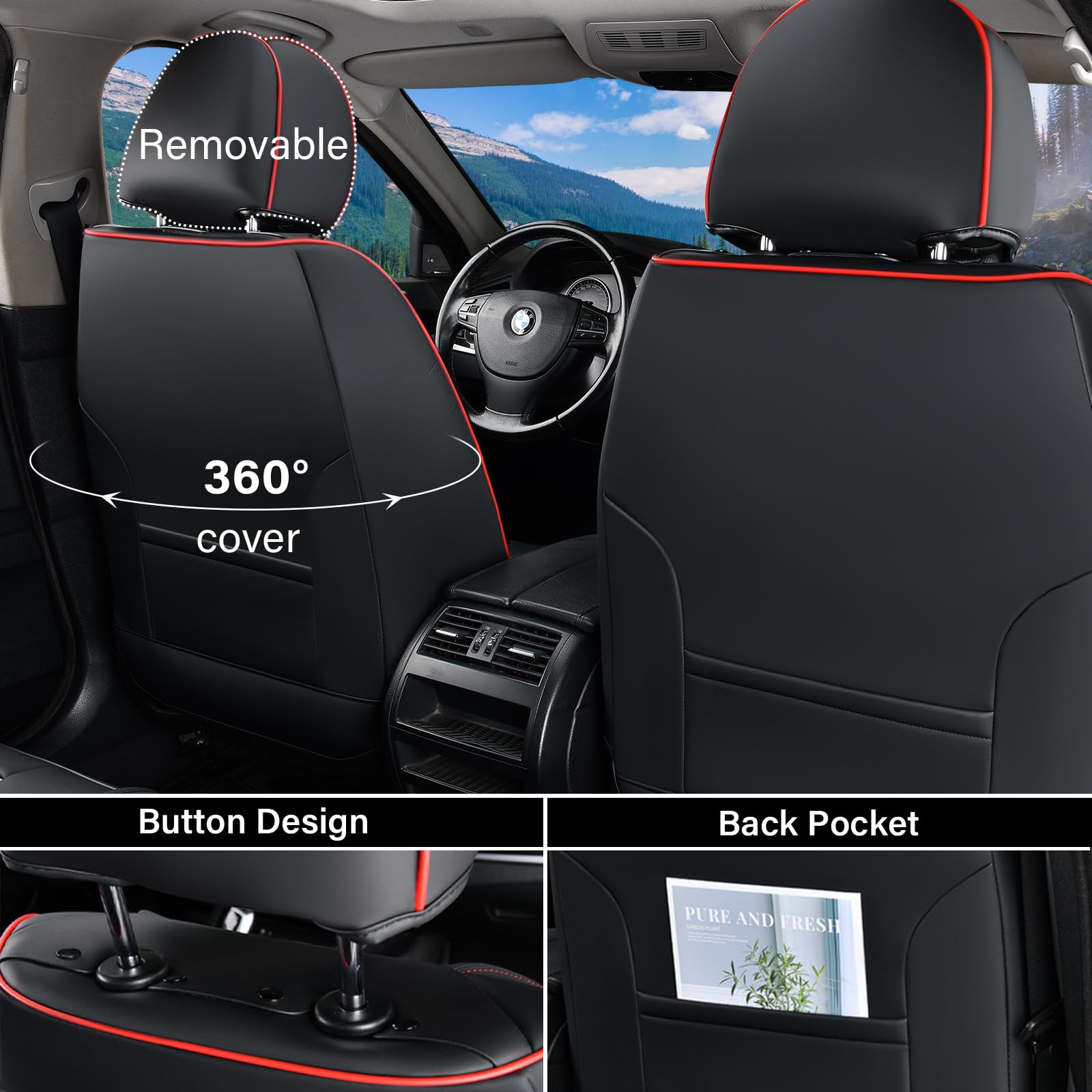 Premium Universal Car Seat Covers Full Set (5-Piece) - Breathable Leather-Woven Design for Front & Back Seats | Perfect Fit for Most Vehicles in Black & Red | Ideal for Daily Commuting, Road Trips & Family Protection