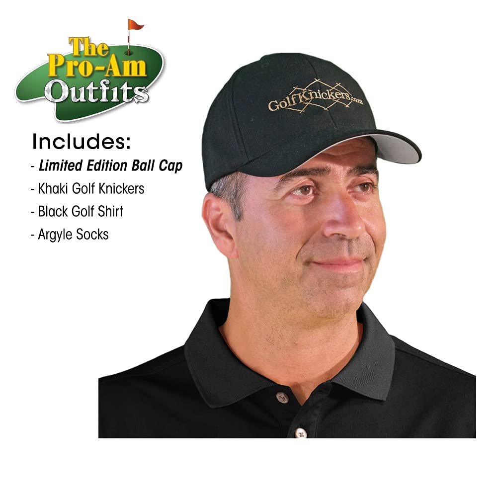 Men's Khaki Microfiber Outfit Set - Limited Edition Ball Cap, Over-The-Calf Argyle Socks & Black Golf Shirt | Casual Wear, Golfing & Outdoor Activities