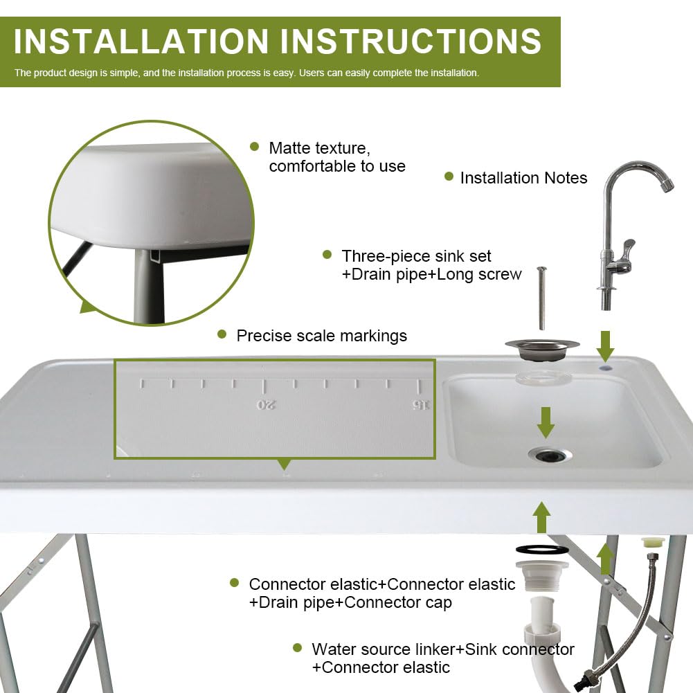 4ft Portable Folding Table with Sink & Faucet - White Outdoor Camping Kitchen Table for Picnic, Fishing, Garden Cleaning & RV Use