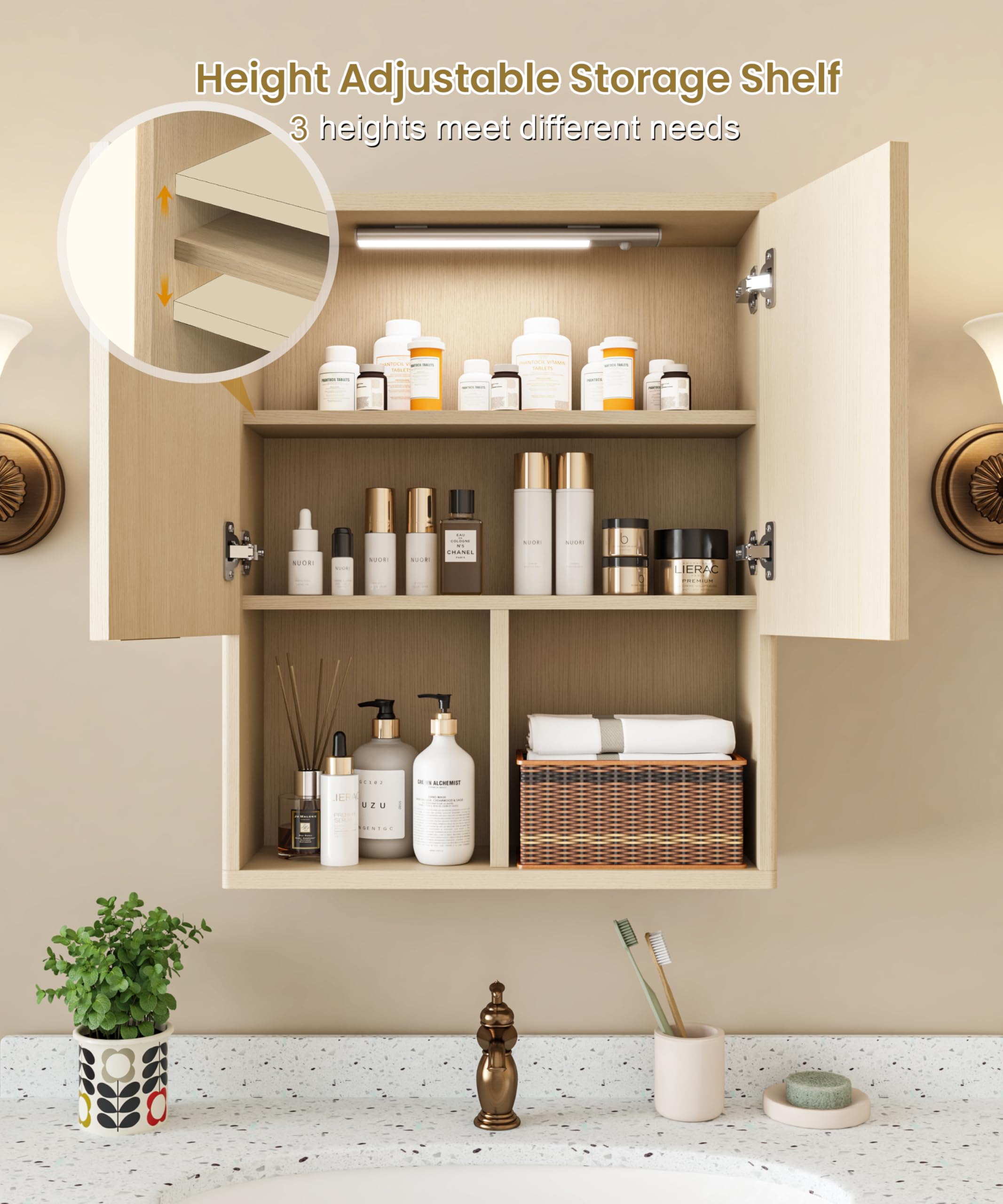 HAIOOU Fluted Wave Design Wooden Medicine Cabinet with Motion Sensor Light - Wall Mounted Bathroom Storage with Buffering Hinges, Over Toilet Organizer for Modern Home Decor (Natural Finish)