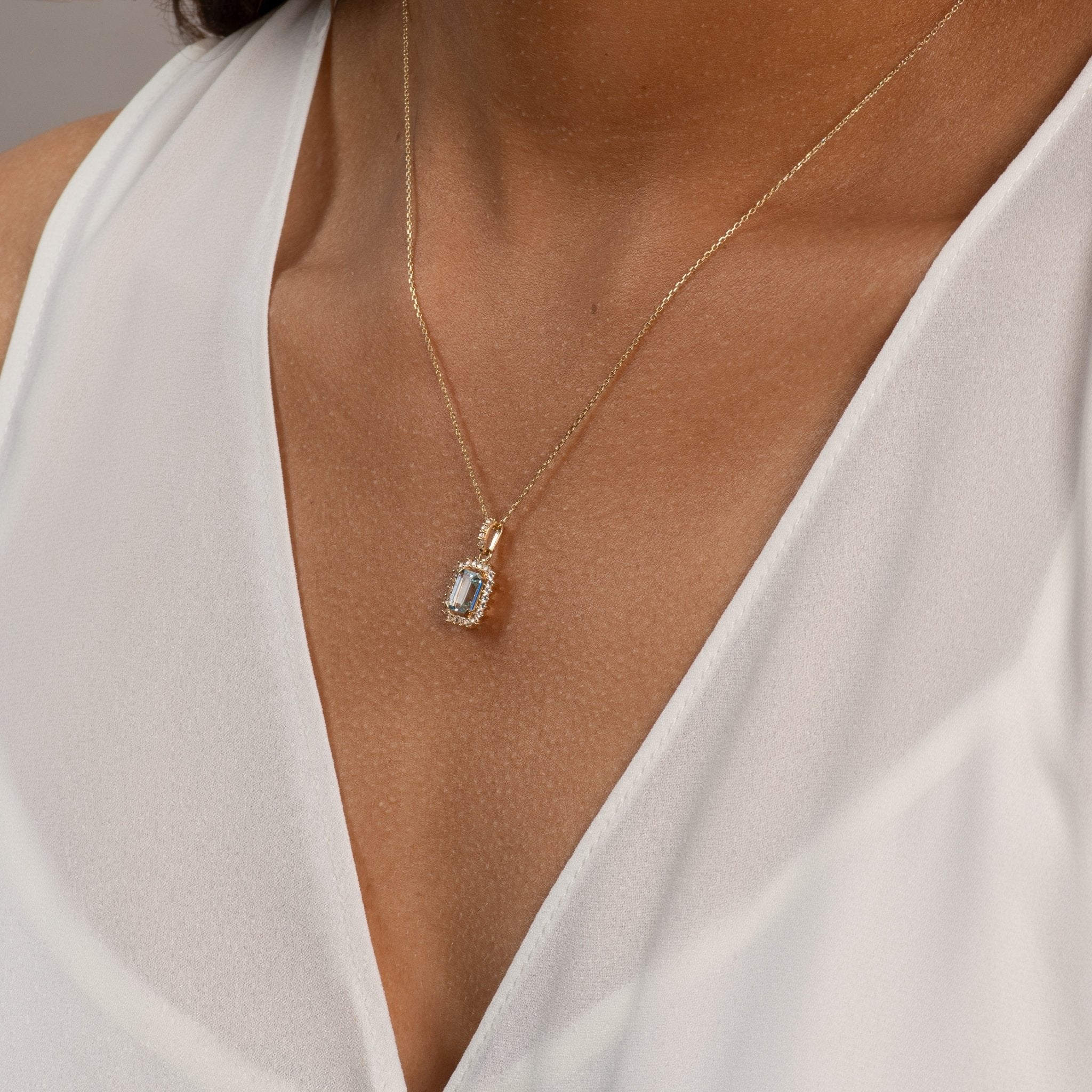 10k Yellow Gold Aquamarine Pendant with White Sapphire Halo - Elegant Birthstone Jewelry for Women, Perfect Gift for Anniversary, Birthday & Mother's Day