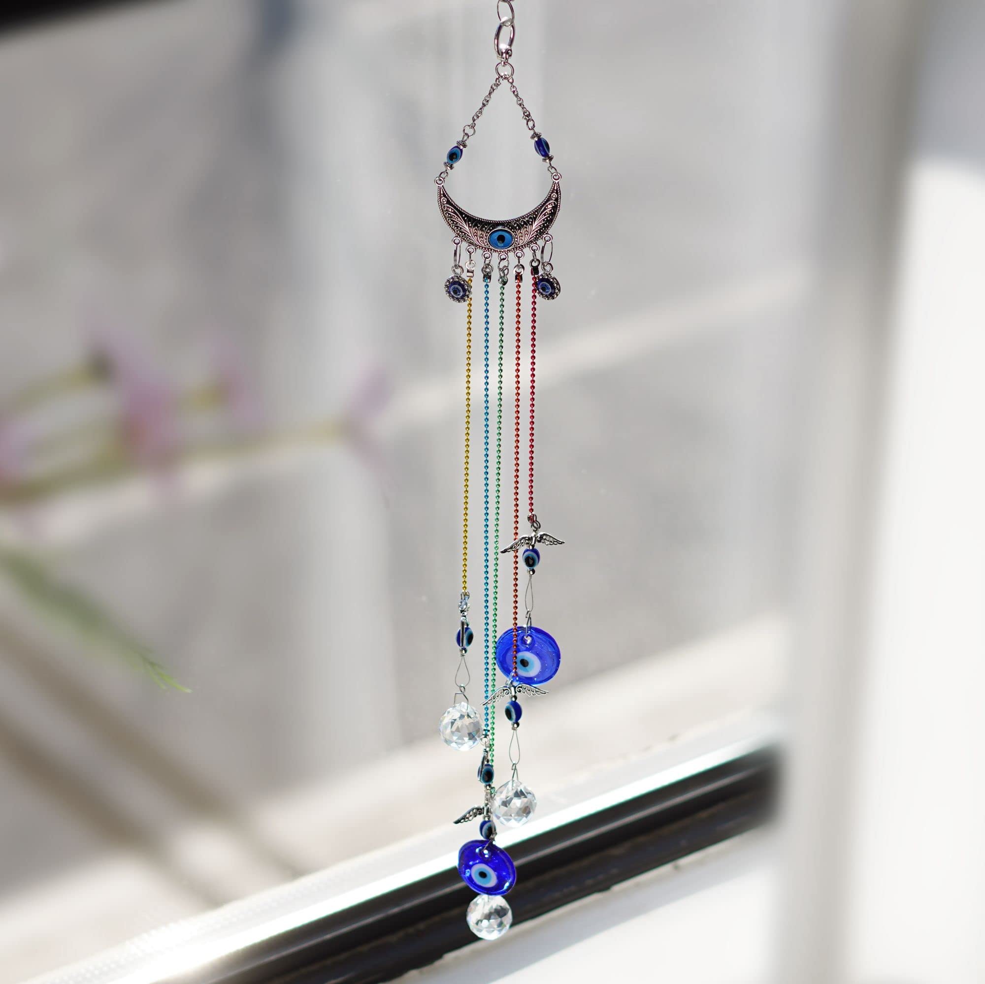 20 Inch Blue Evil Eye Hanging Crystal Suncatcher with Chakra Energy Crystal Ball Prism - Rainbow Maker Window Decor for Home Protection & Positive Energy | Perfect for Living Room, Bedroom, Office & Meditation Spaces