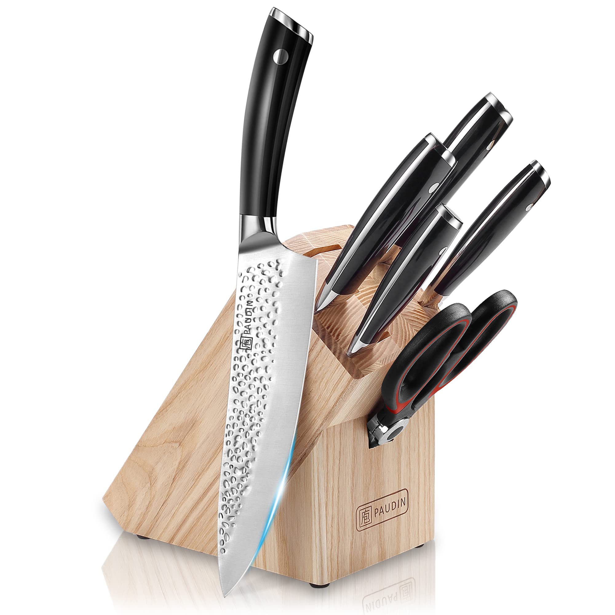 PAUDIN 7-Piece Premium Knife Set with Wooden Block - Razor-Sharp High Carbon Stainless Steel Chef Knives with Full Tang Handle & Kitchen Shears - Perfect for Home Cooking, Meat Cutting, Vegetable Chopping & Food Preparation