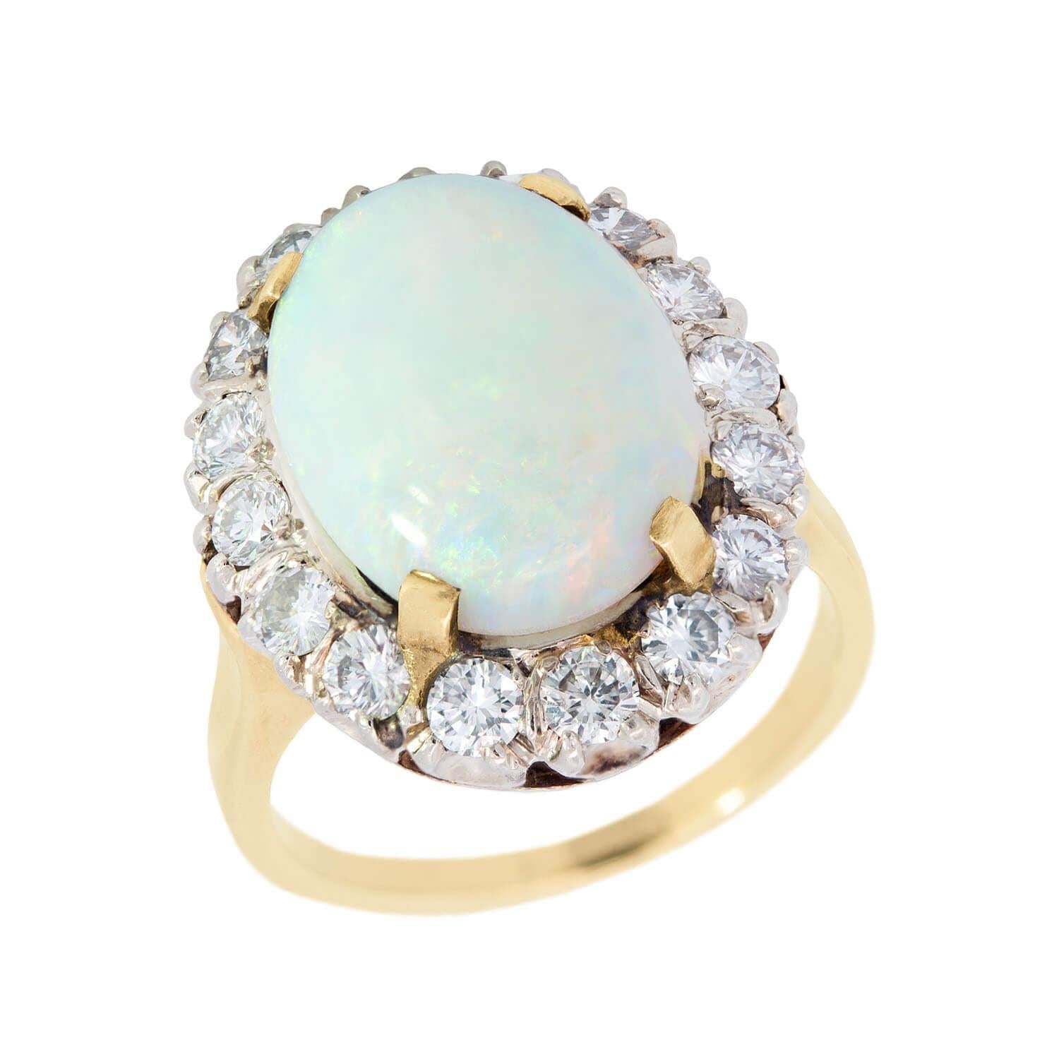 Vintage 14k Gold/Platinum Opal & Diamond Halo Engagement Ring for Women - Elegant Wedding, Anniversary & Special Occasion Jewelry Gift