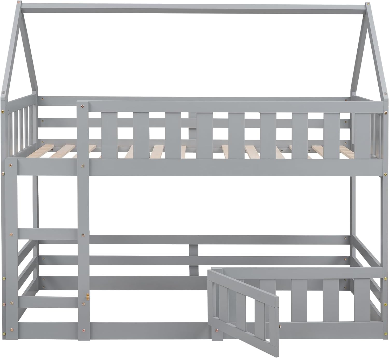 MERITLINE Twin Over Twin Wooden Bunk Bed with Safety Fence & Door, Loft Bed with Roof for Kids - Easy Assembly, Grey - Perfect for Small Bedrooms, Kids' Dormitories & Space-Saving Home Decor