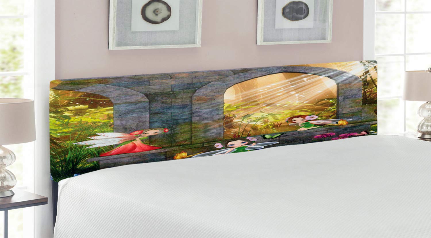 Ambesonne King Size Upholstered Metal Bed Headboard with Memory Foam - Fairies & Butterflies Fantasy Garden Scene in Charcoal Green & Red | Perfect for Fairy Tale Bedrooms & Fantasy Themed Decor