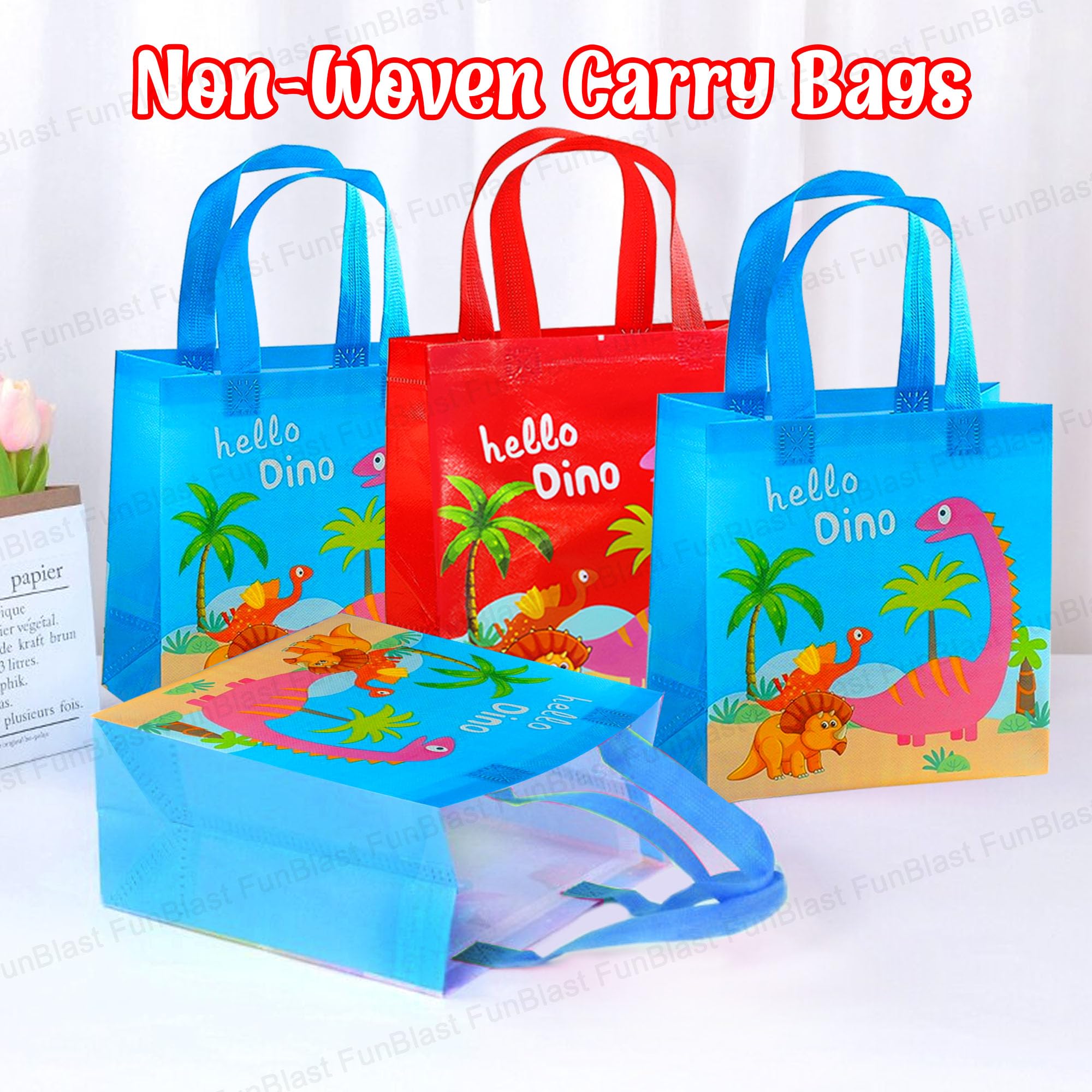 FunBlast 12-Pack Dinosaur Themed Reusable Drawstring Gift Bags - Non-Woven Party Favor Bags for Birthdays, Goodie Bags, Return Gifts & Everyday Use - Perfect for Kids Parties, School Events & Holiday Gifting