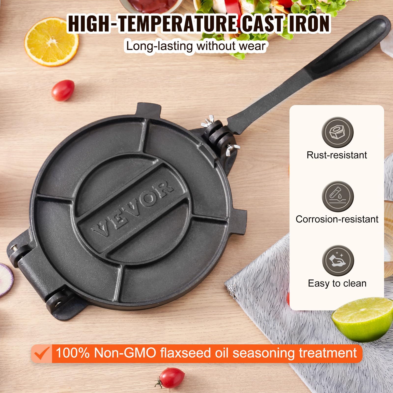 VEVOR 10 Inch Cast Iron Tortilla Press & Roti Maker - Heavy Duty Pre-Seasoned Tortilladora for Flour Tortillas, Tawa, Pataconera - Includes 100 Parchment Papers - Perfect for Mexican Cuisine, Indian Roti, Home Cooking & Restaurant Use