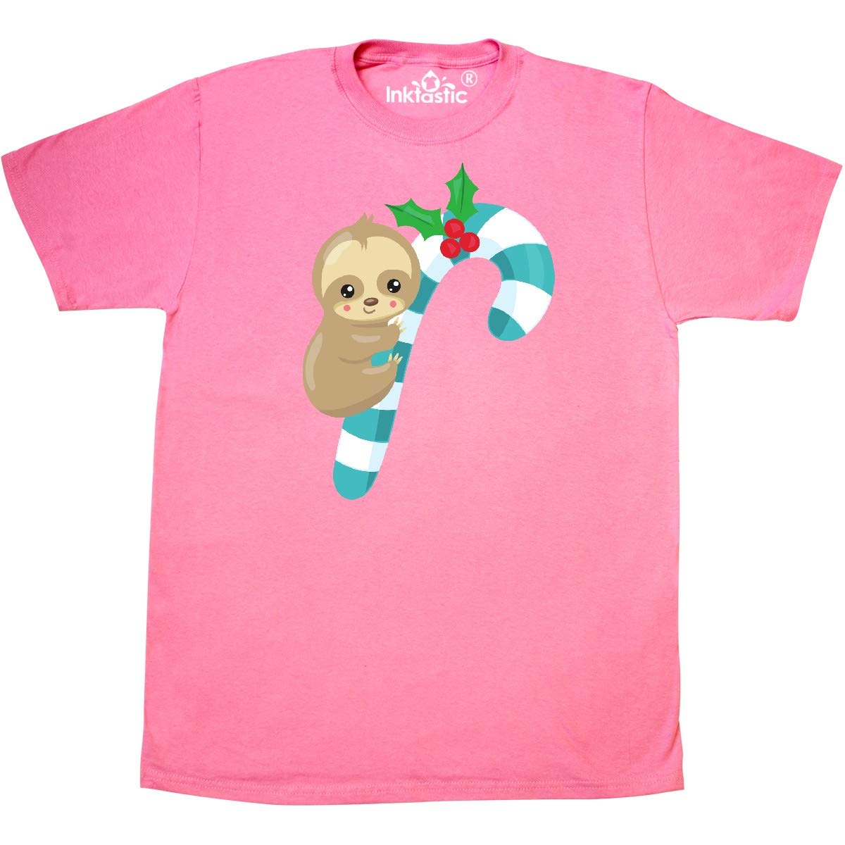Inktastic Christmas Sloth T-Shirt - Cute Sloth with Candy Cane & Mistletoe Design - Holiday Party, Gift Exchange & Family Gathering Outfit