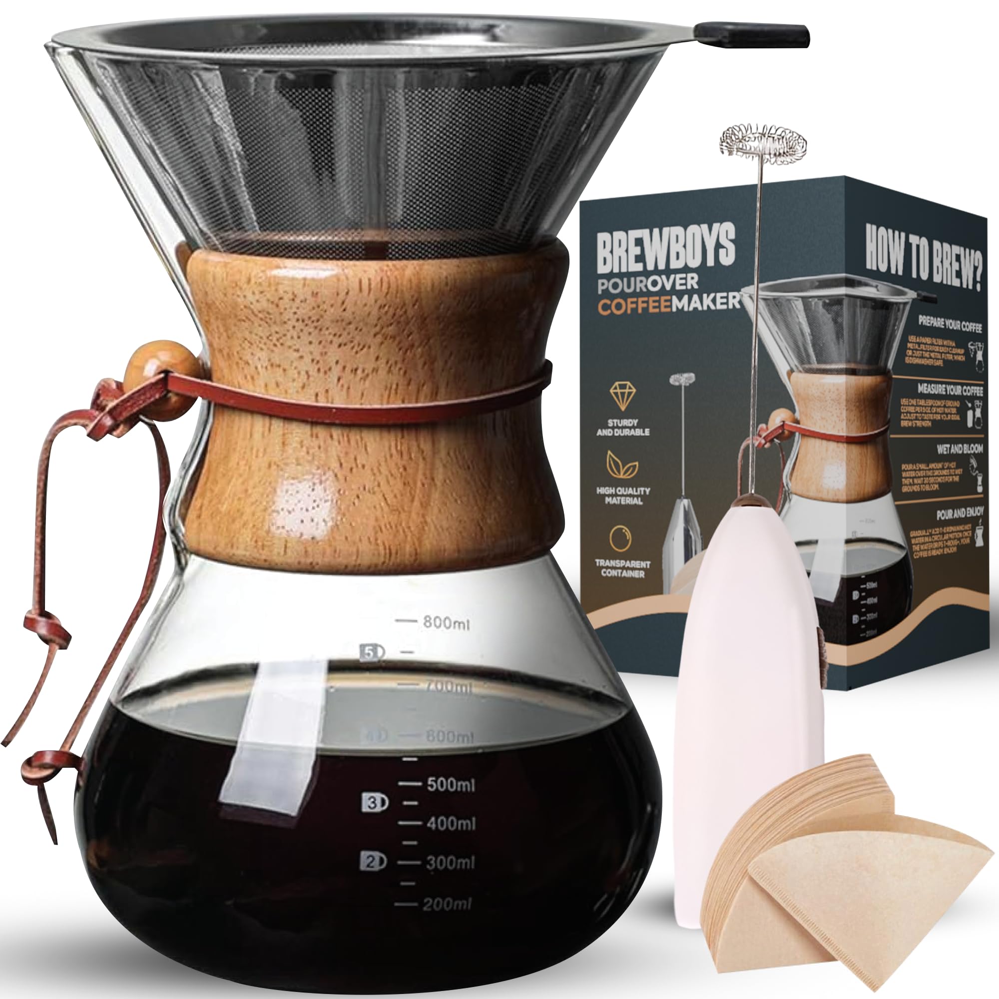 Premium Pour Over Coffee Maker - 8 Cup (34oz) Stainless Steel Filter & Heat-Resistant Glass Carafe - Includes 40 Paper Filters for Perfect Drip Coffee at Home, Office or Camping