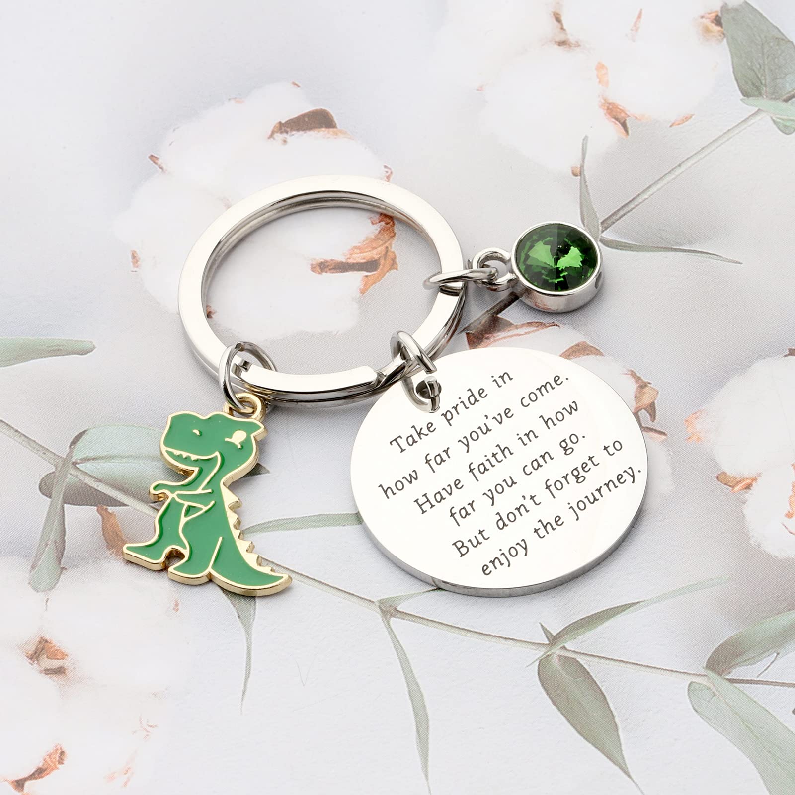 FUSTMW Dinosaur Keychain with Birthstone - Perfect Gift for Dino Fans, Graduation, and Animal Lovers (Silver) | Great for Keychains, Backpacks, and Gift-Giving Occasions