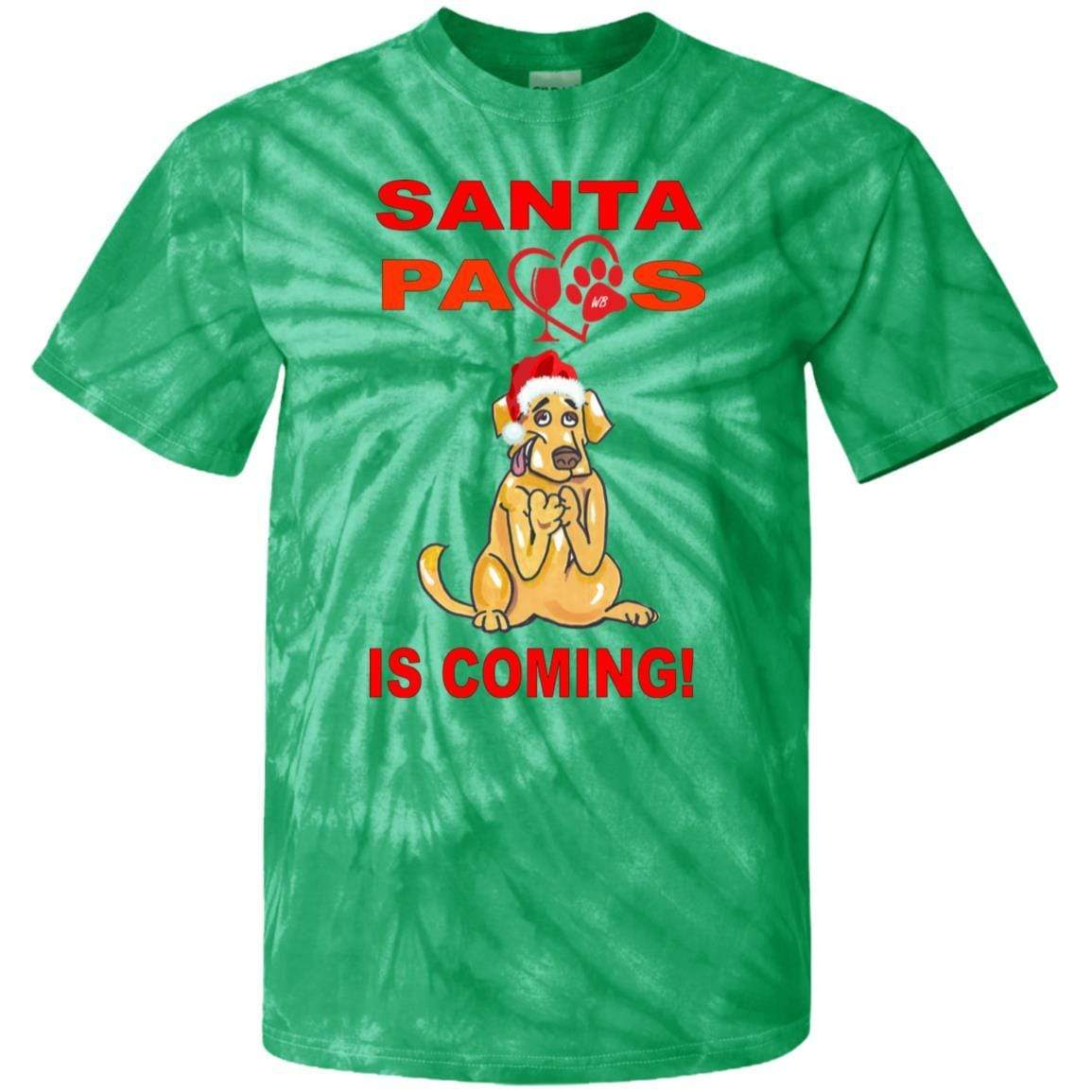 Santa Paws Is Coming Tie Dye Youth T-Shirt | Cute Holiday Dog Christmas Tee for Kids | Perfect for Family Photos & Festive Gatherings