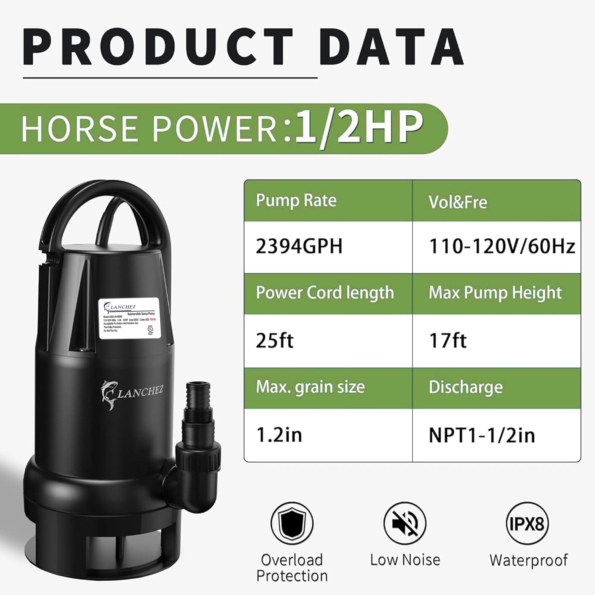 1/2HP Submersible Sump Pump - 2394GPH High Capacity Water Pump with 3/4