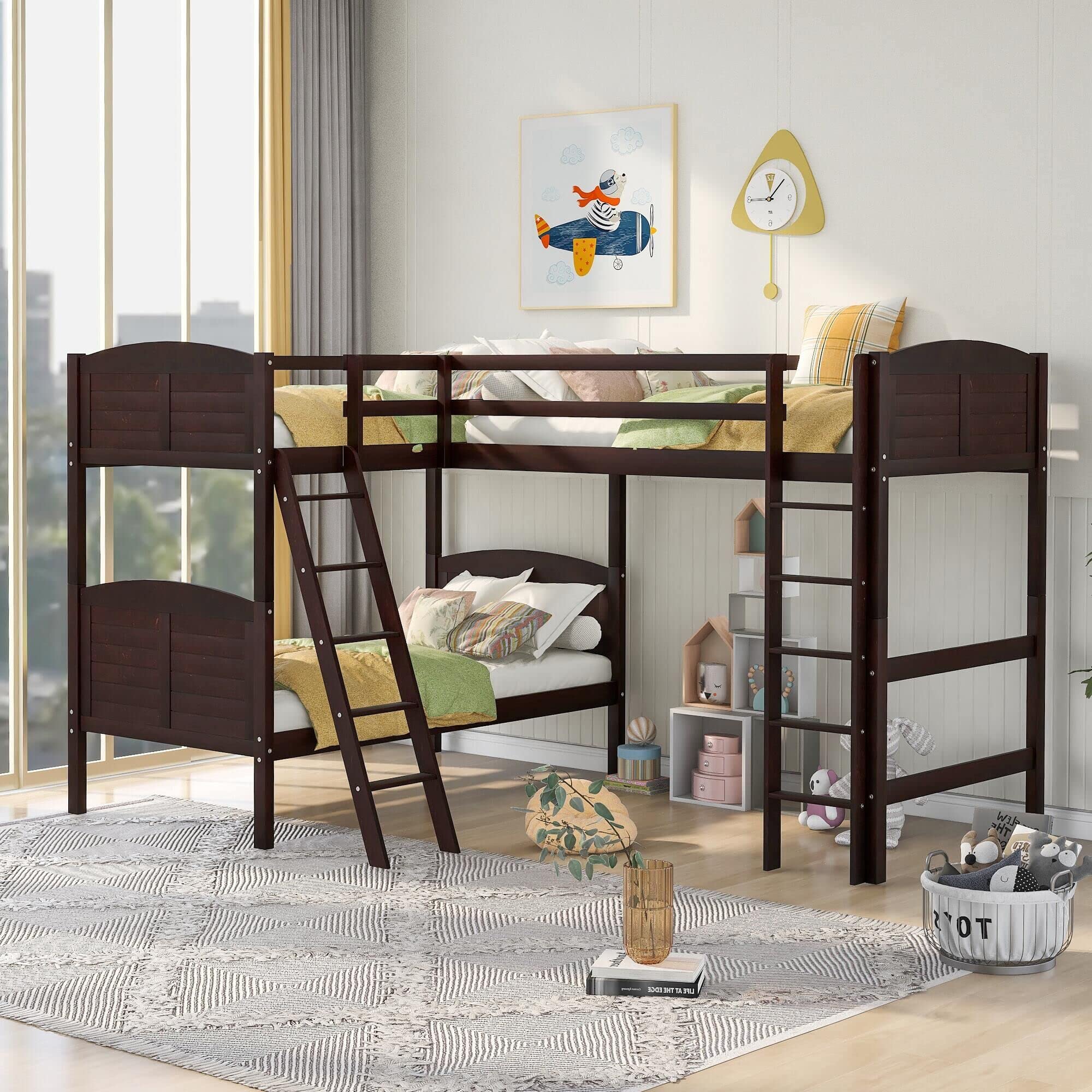 L-Shaped Triple Bunk Bed for 3 - Twin Over Twin Wooden Corner Bunk Bed with Safety Guardrail & Ladders - Space-Saving Kids, Teens & Adults Bedroom Furniture (Espresso) - Perfect for Small Rooms, Shared Kids' Bedrooms & Vacation Homes