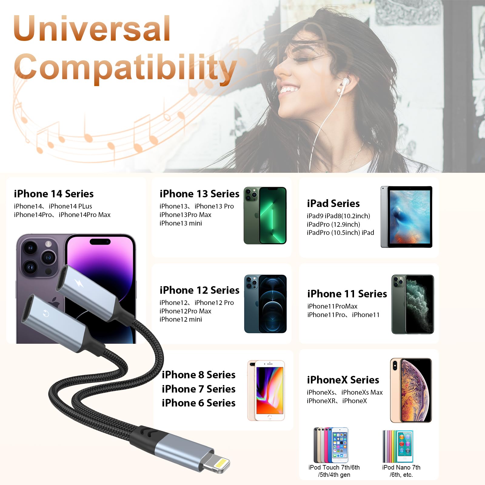 iPhone Lightning Splitter Adapter - Dual Charging & Audio Port for iPhone 14/13/12/11/X/8/7/6 & iPad | 2-in-1 Charger & Headphone Dongle | Perfect for Gaming, Music & Charging Simultaneously