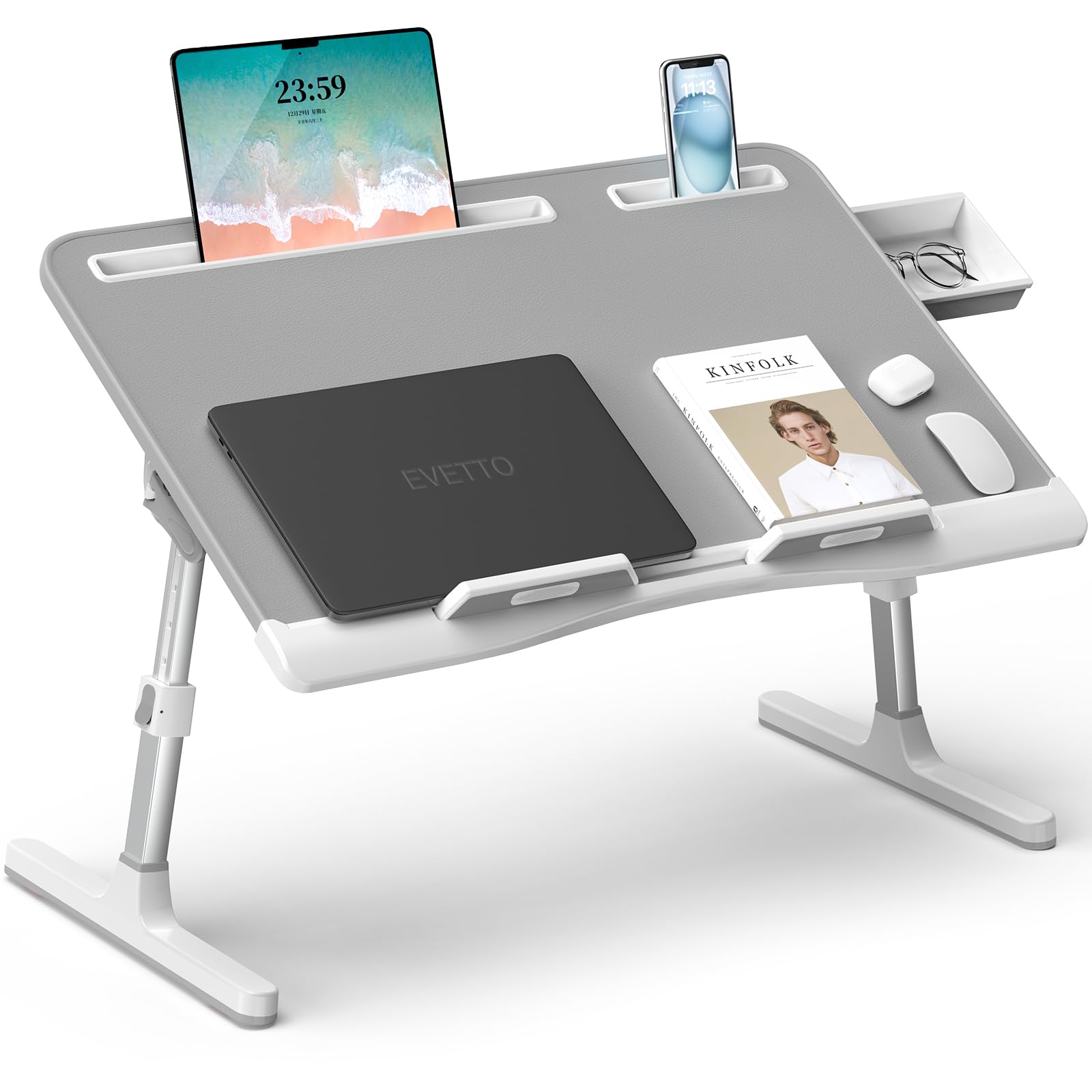 Adjustable Leather Laptop Desk for Bed - XL Foldable Lap Stand with Drawer & 2 Movable Stoppers (23.6 inch, Grey) - Perfect for Working, Writing, Eating on Bed, Couch or Floor