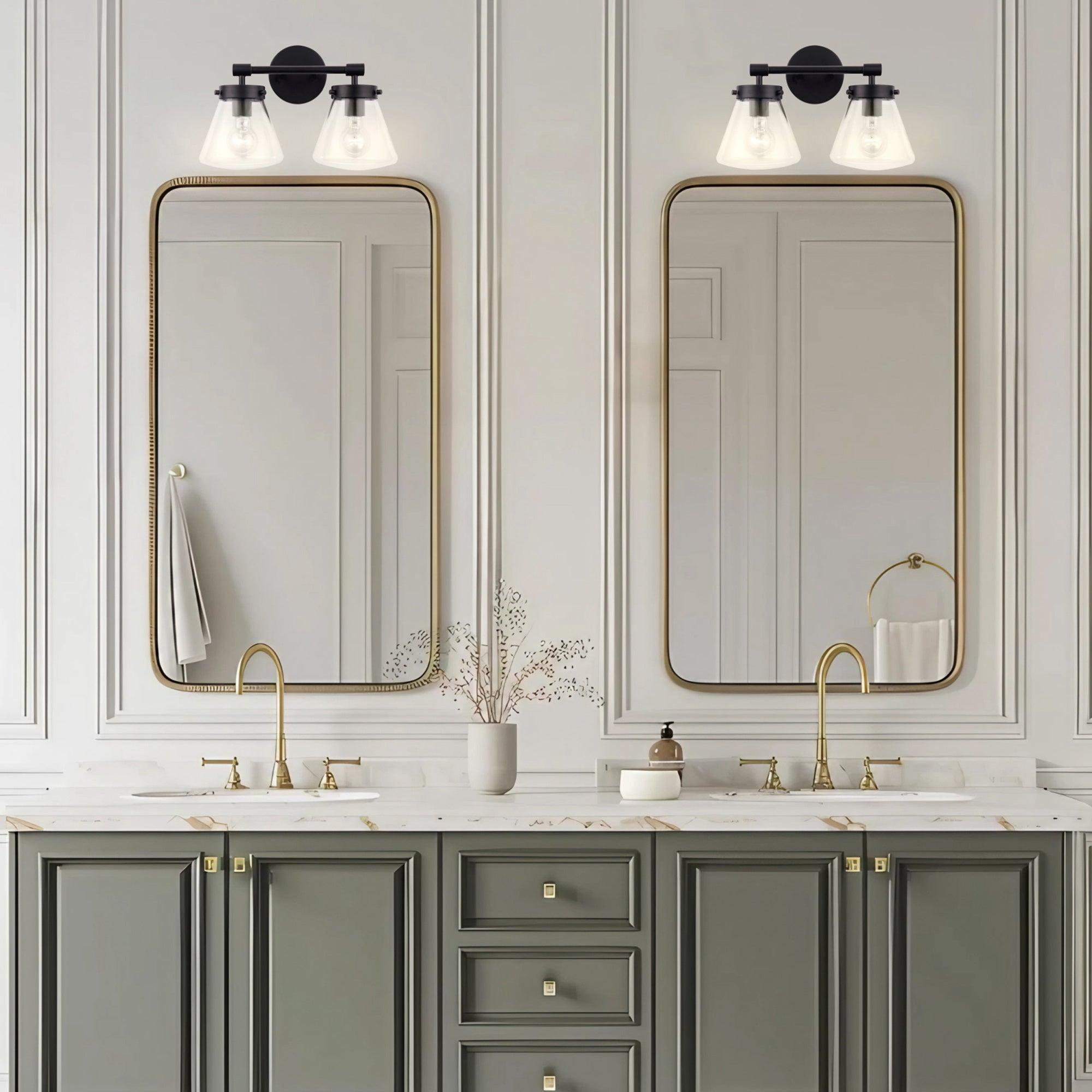 Gleam Modern Farmhouse 2-Light Vanity Light - Bathroom Wall Sconce for Mirror Lighting, Farmhouse Style Fixture with Clear Glass Shades, Perfect for Bedroom, Powder Room or Dressing Area