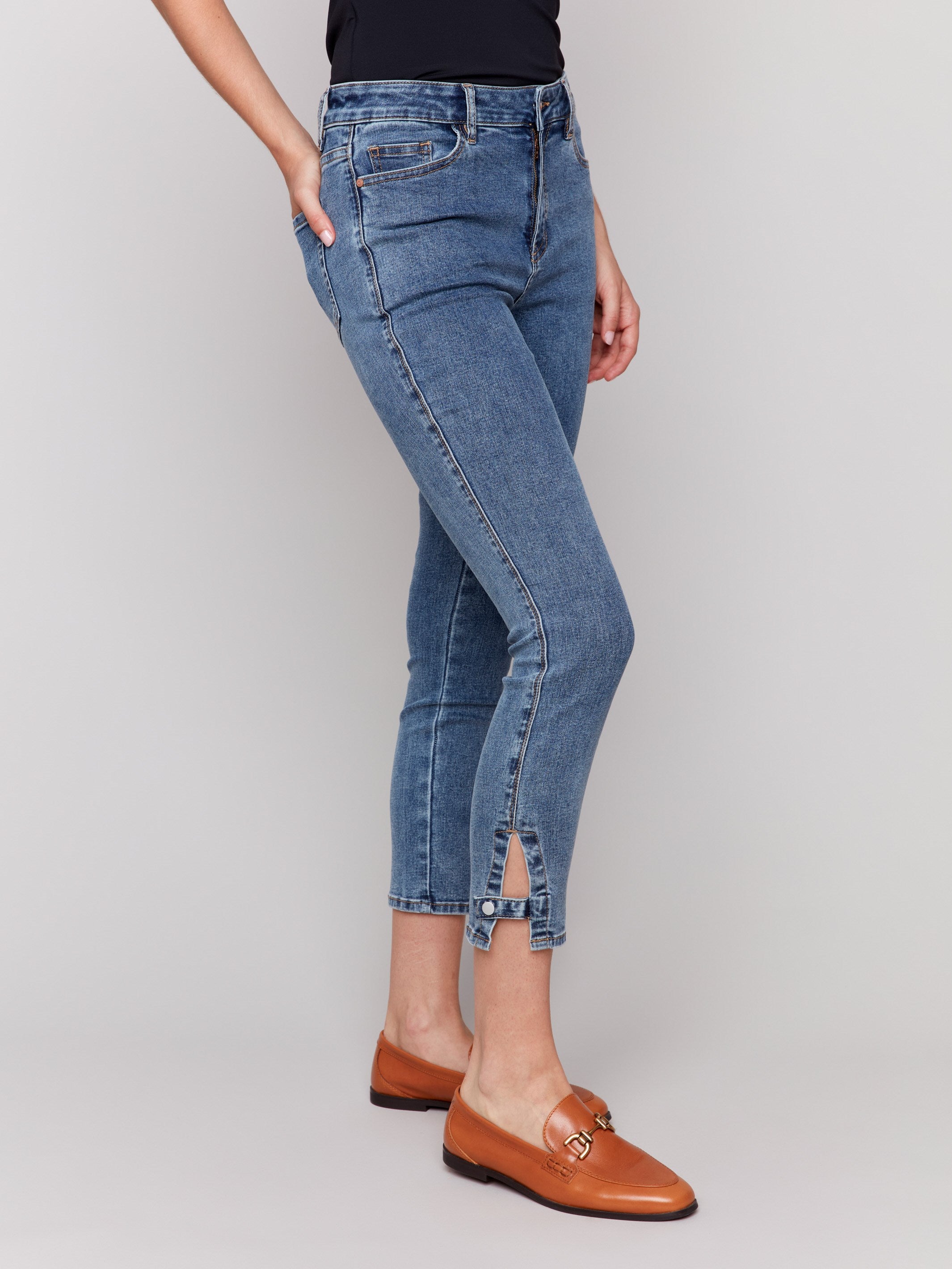 Slim Cropped Jeans for Women - Medium Blue Denim with Side Mini Tabs | High Waisted Skinny Ankle Jeans | Perfect for Casual Wear, Office Outfits & Date Nights