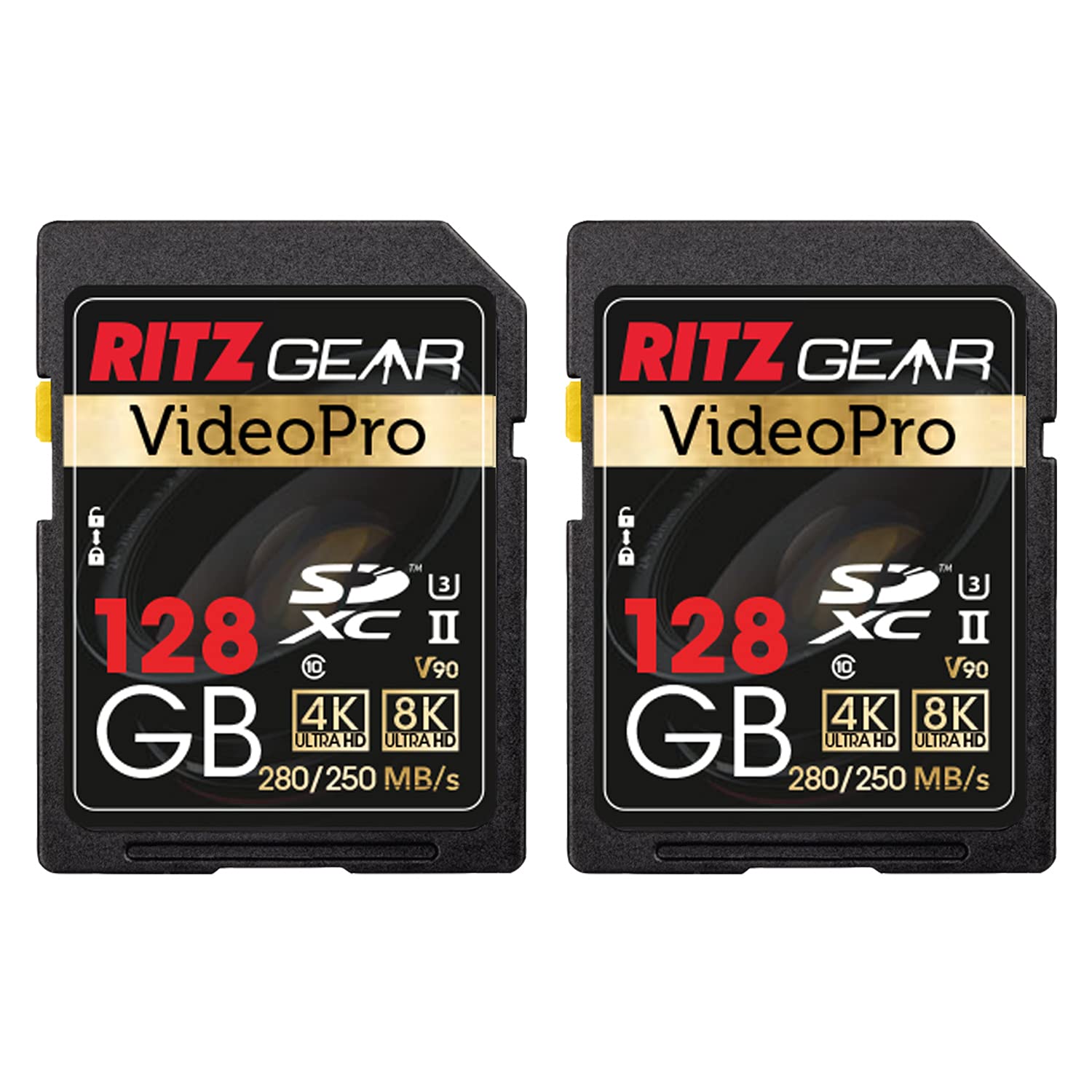 Ritz Gear 128GB High-Speed SDXC UHS-II SD Card - C10, U3, V90 - Compatible with DSLR Cameras, 8K Video & Full HD Recording - Perfect for Professional Photography & 4K/8K Cinematic Filmmaking (2 Pack)
