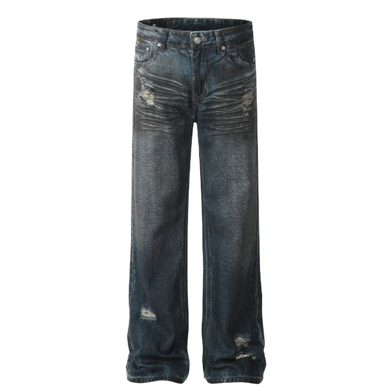 American Style Men's Distressed Denim Jeans - Ripped Hole Design Straight Leg Wide Fit Loose Pants for Men | Casual Streetwear & Fall Fashion Outfits