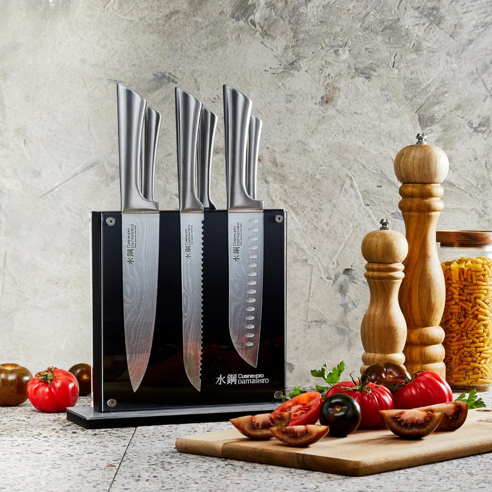 Premium Japanese Damascus Knife Block Set - 7-Piece Razor Sharp Chef Knives with Stylish Wooden Holder - Perfect for Home Cooking, Professional Kitchens & Gourmet Food Preparation