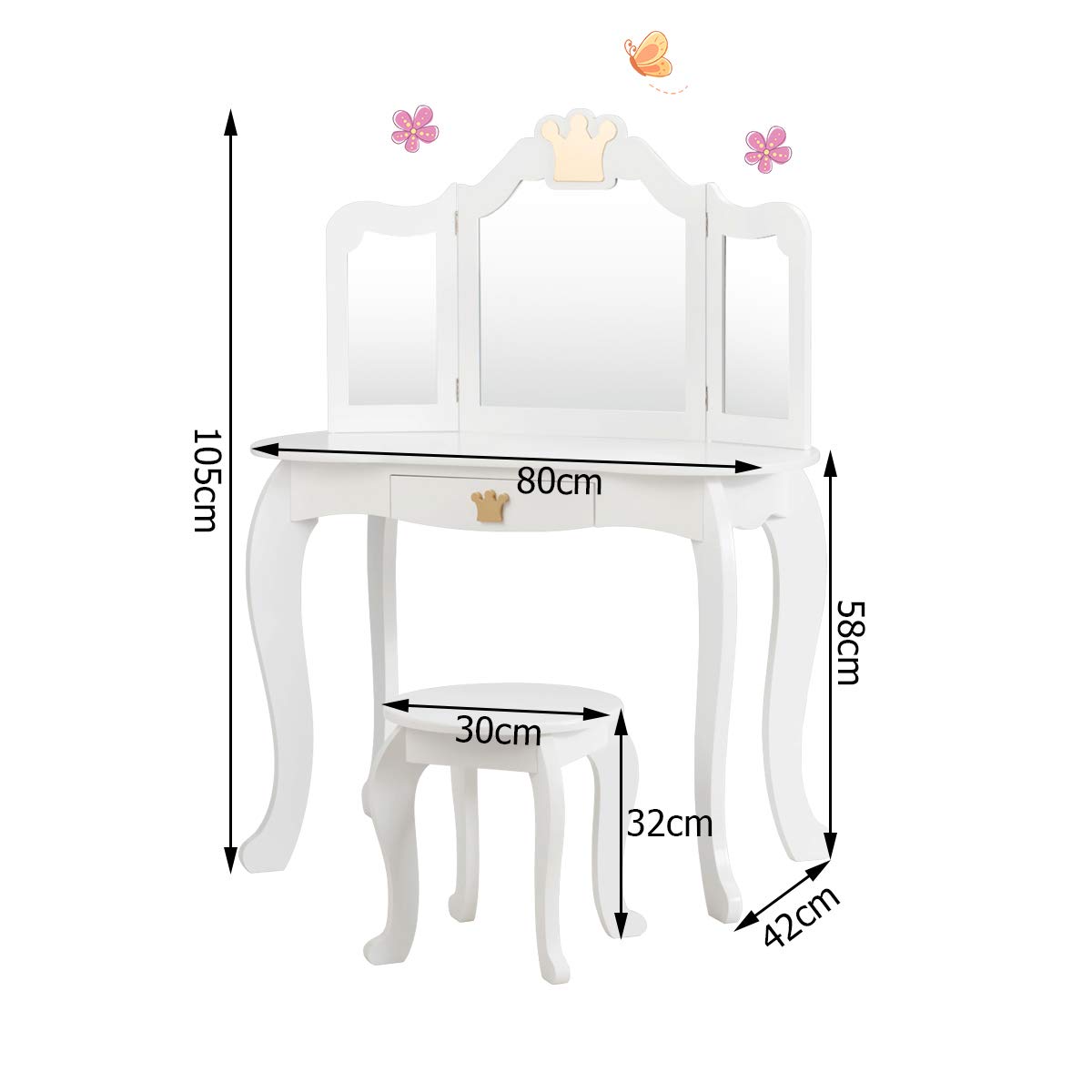 GIANTEX Kids Vanity Table with Stool, Removable Mirror & Makeup Drawer - Wooden Dresser for Girls in White - Perfect for Bedroom, Playroom & Gift Giving