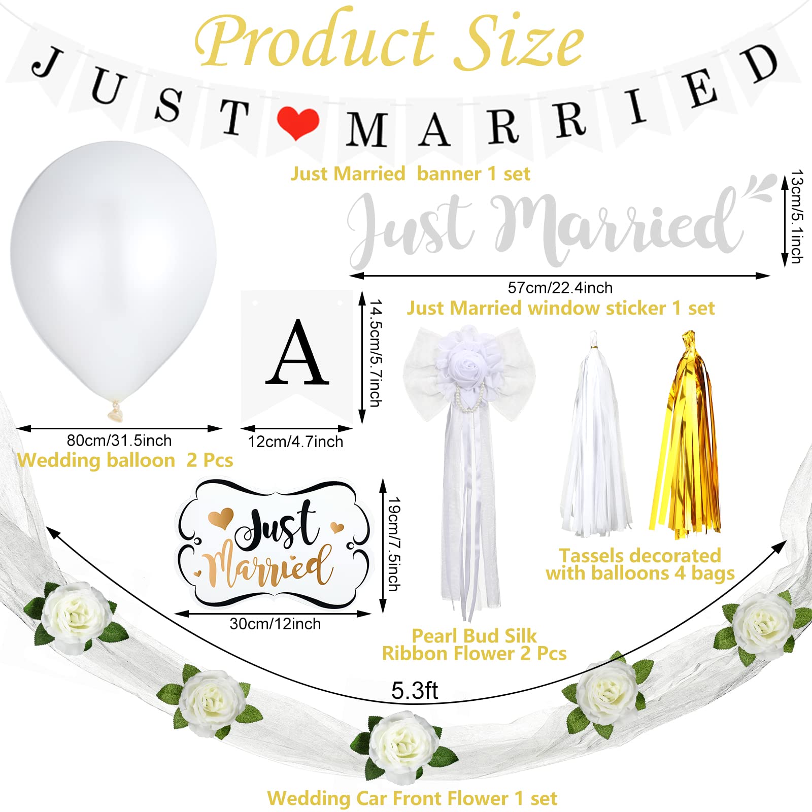 9 Pcs Just Married Car Decorations Set - Magnetic Wedding Car Signs, Banners, Decals & Silk Ribbon Flowers with Pearl Buds - Perfect for Bridal Sendoff, Wedding Procession & Honeymoon Getaway