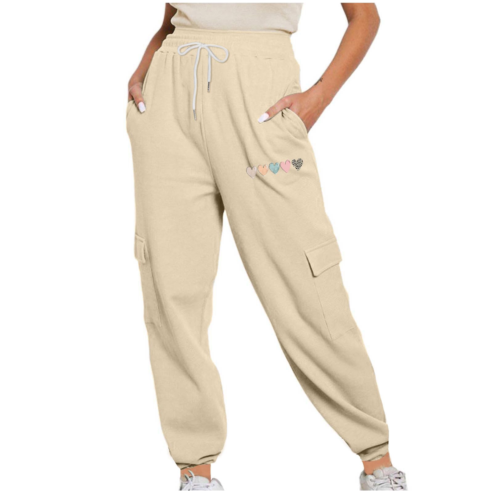 Women's Baggy Cargo Sweatpants - Elastic Waist Loose Fit Joggers with Trendy Heart Print | Y2K Streetwear Casual Pants for Workout, Lounge & Street Style Fashion