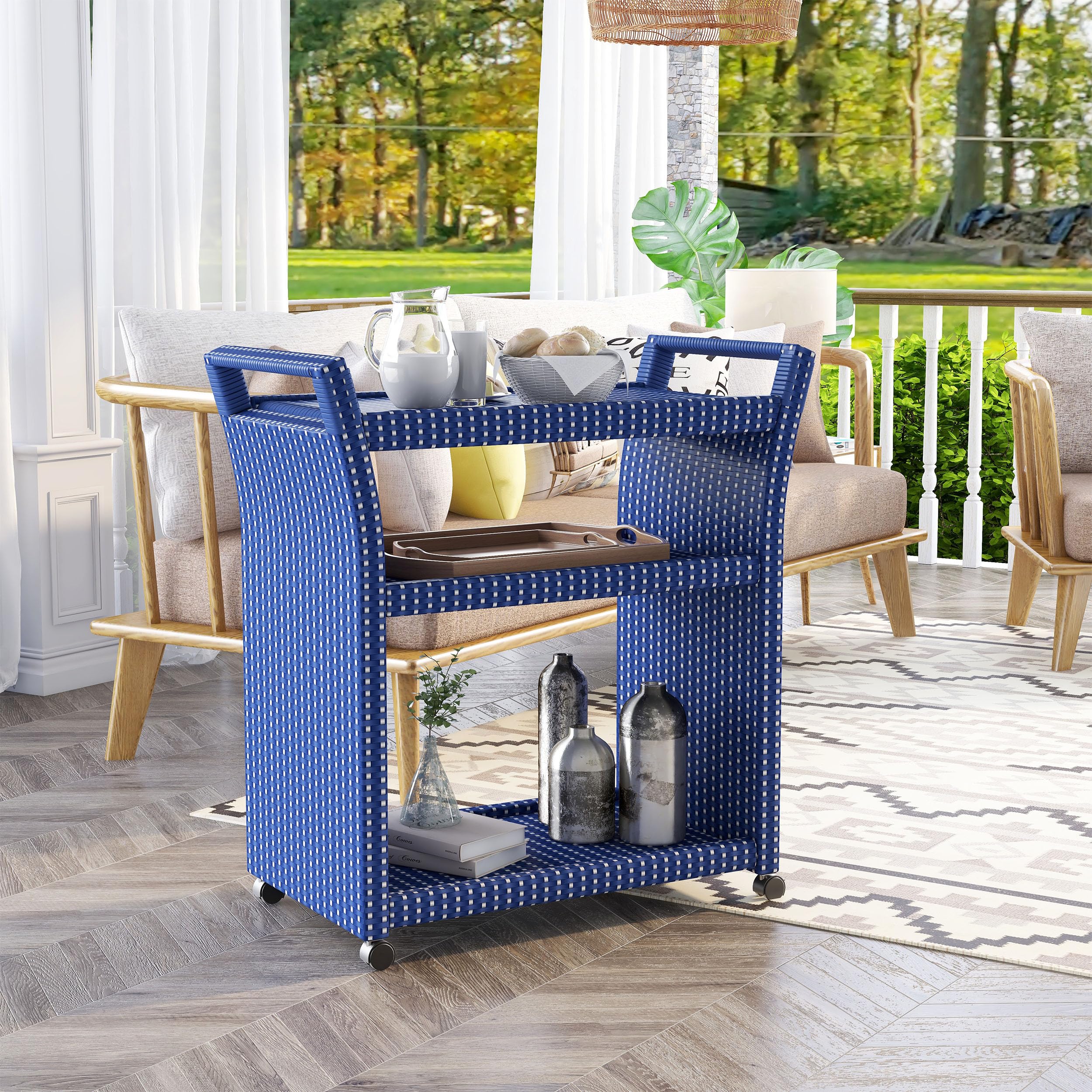 Furniture of America Azur Outdoor Aluminum Wicker Bar Cart in Navy - Portable Serving Cart for Patio, Garden, Poolside & Outdoor Entertaining