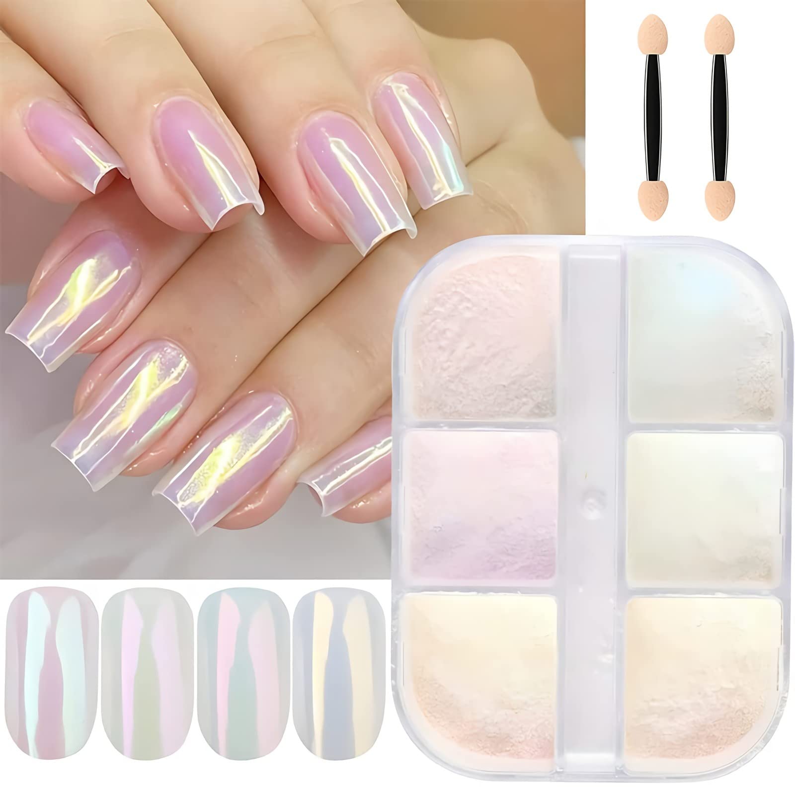 6 Colors Chrome Nail Powder Set - Metallic Mirror Effect, Aurora Magic White Pearl & Iridescent Mica Pigments for Nail Art Gel Polish | DIY Manicure, Salon Professional Use, Gift for Nail Lovers