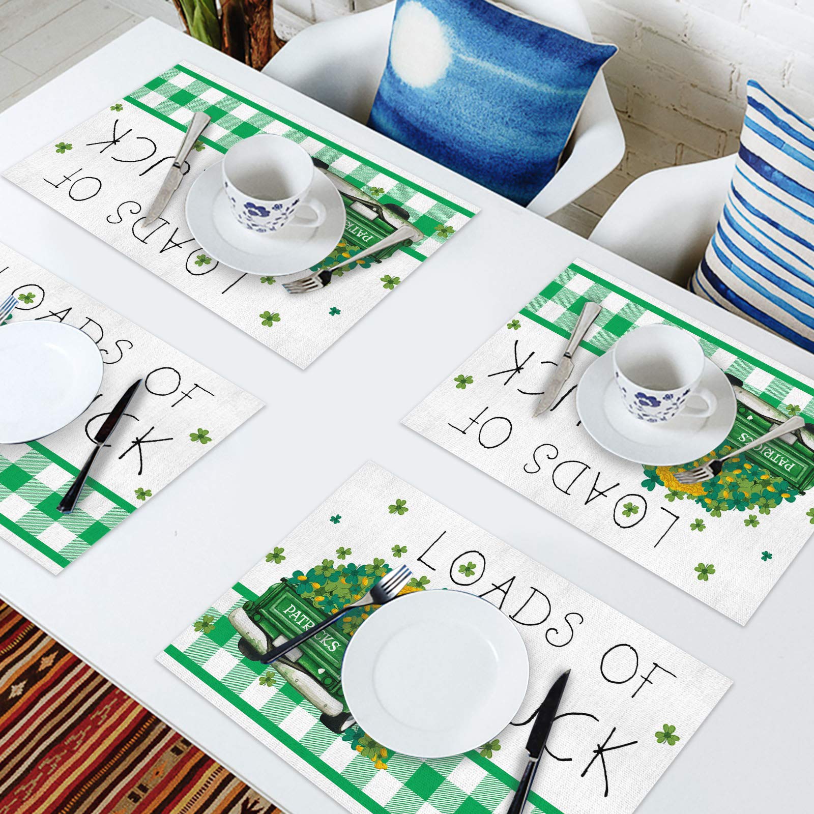 4-Pack Heat & Stain Resistant Placemats for Kitchen Dining Table - St. Patrick's Day Truck Load of Luck Shamrock Green Plaid Design - Easy to Clean - Perfect for Holiday Parties, Family Dinners & Everyday Use