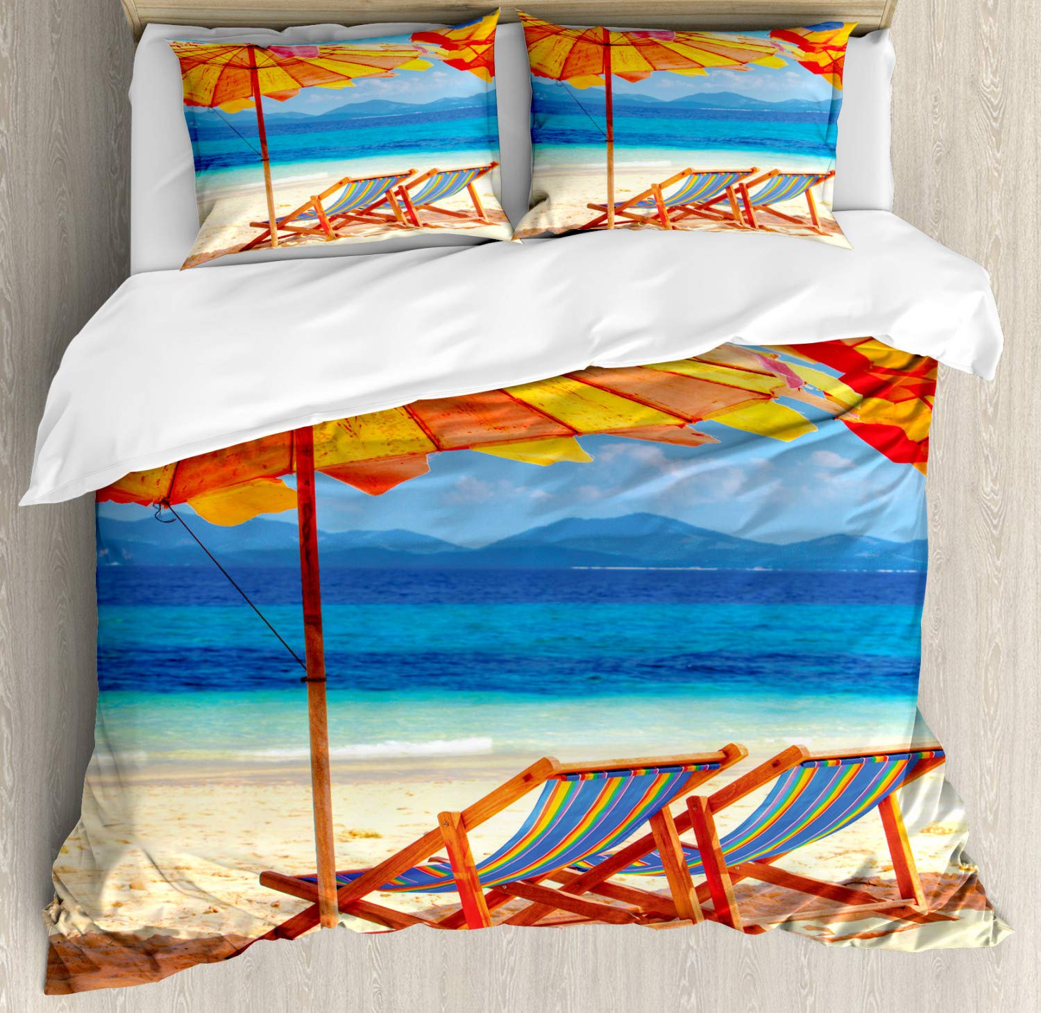 Ambesonne Tropical Beach Duvet Cover Set - 3 Piece California King Bedding with 2 Pillow Shams, Orange & Blue Coastal Decor - Perfect for Beach House, Vacation Rental & Tropical Bedroom Themes