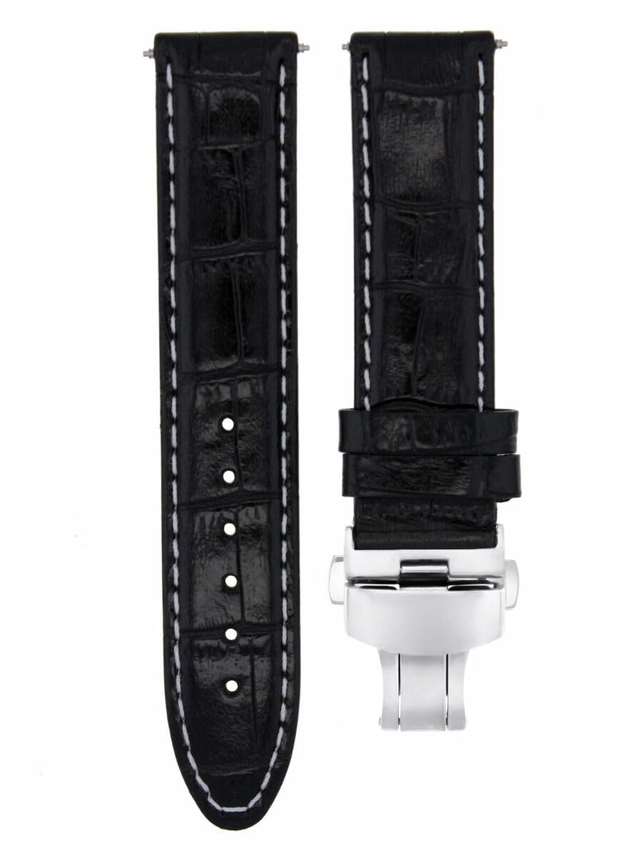 Premium 19mm Genuine Leather Watch Band Strap with Clasp - Compatible with Montblanc Watches (Black with White Stitching) | Replacement Watch Strap for Business, Formal & Everyday Wear