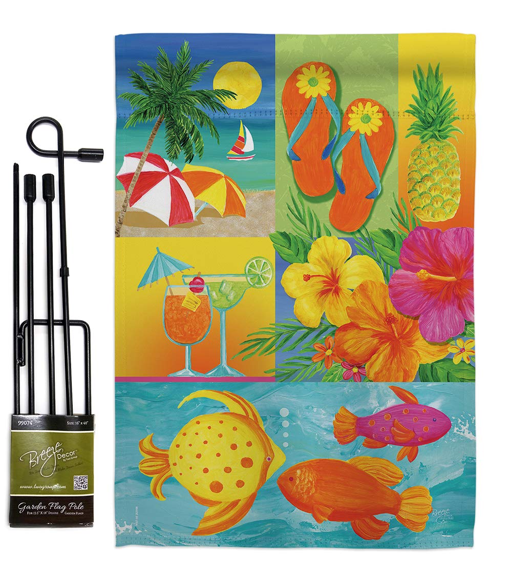 Tropical Garden Flag Set with Stand - Summer Beach Pool Party Decor