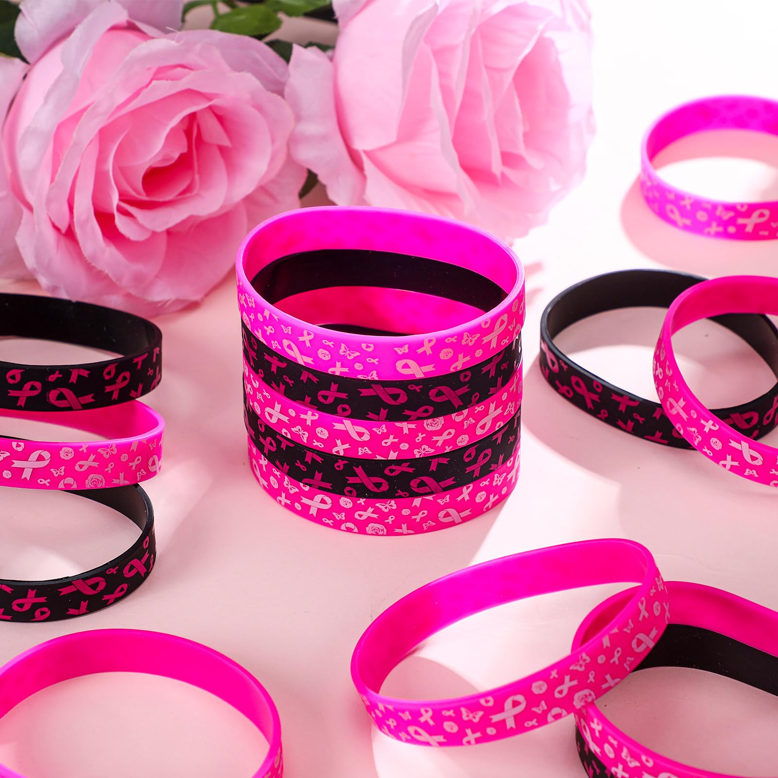 48 Pack Pink Ribbon Breast Cancer Awareness Silicone Wristbands - Inspirational Black & Pink Bracelets for Women, Fundraising Events, Survivor Gifts & Charity Support Accessories