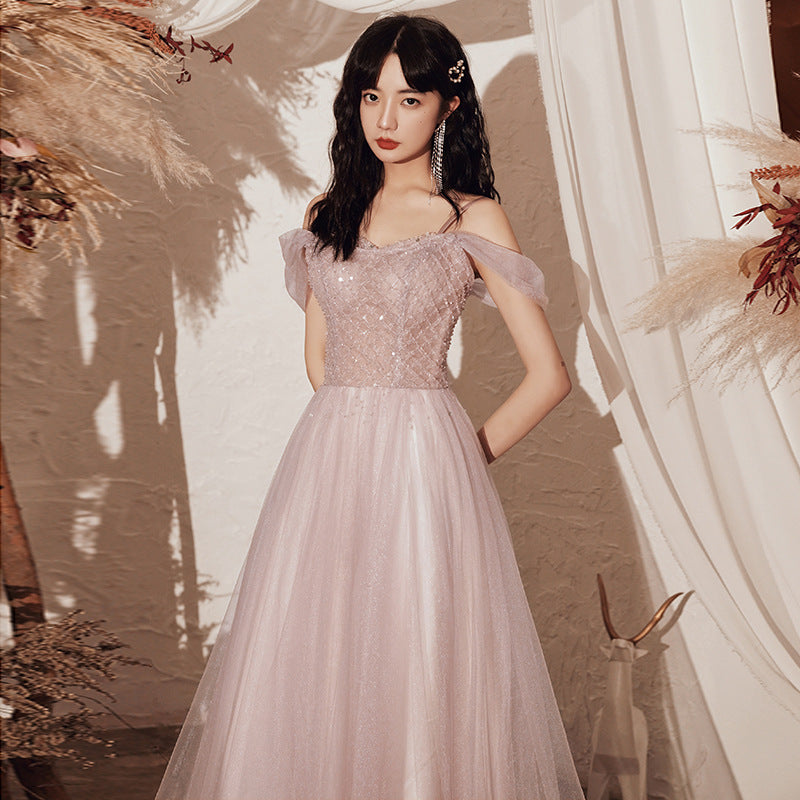 Sweet Pink Off Shoulder Shiny Prom Dress - A-Line Formal Evening Party Gown 606 | Elegant Homecoming, Quinceañera & Special Occasion Dress