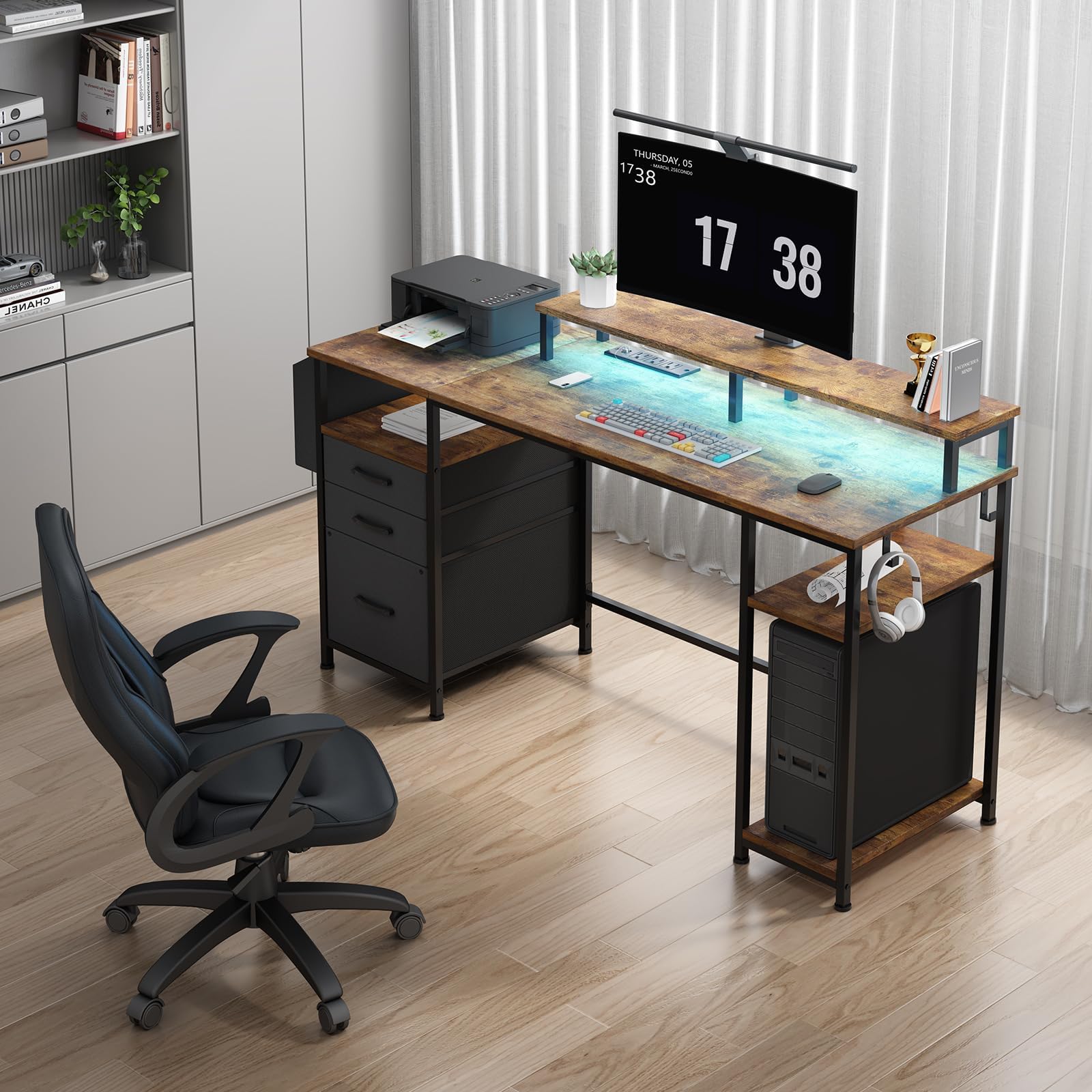 55 Inch Rustic Brown Computer Desk with Fabric File Drawers & LED Lights - Home Office Desk with Shelves, Monitor Stand & Power Outlets - Perfect for Study, Writing, Gaming & Bedroom Workspace