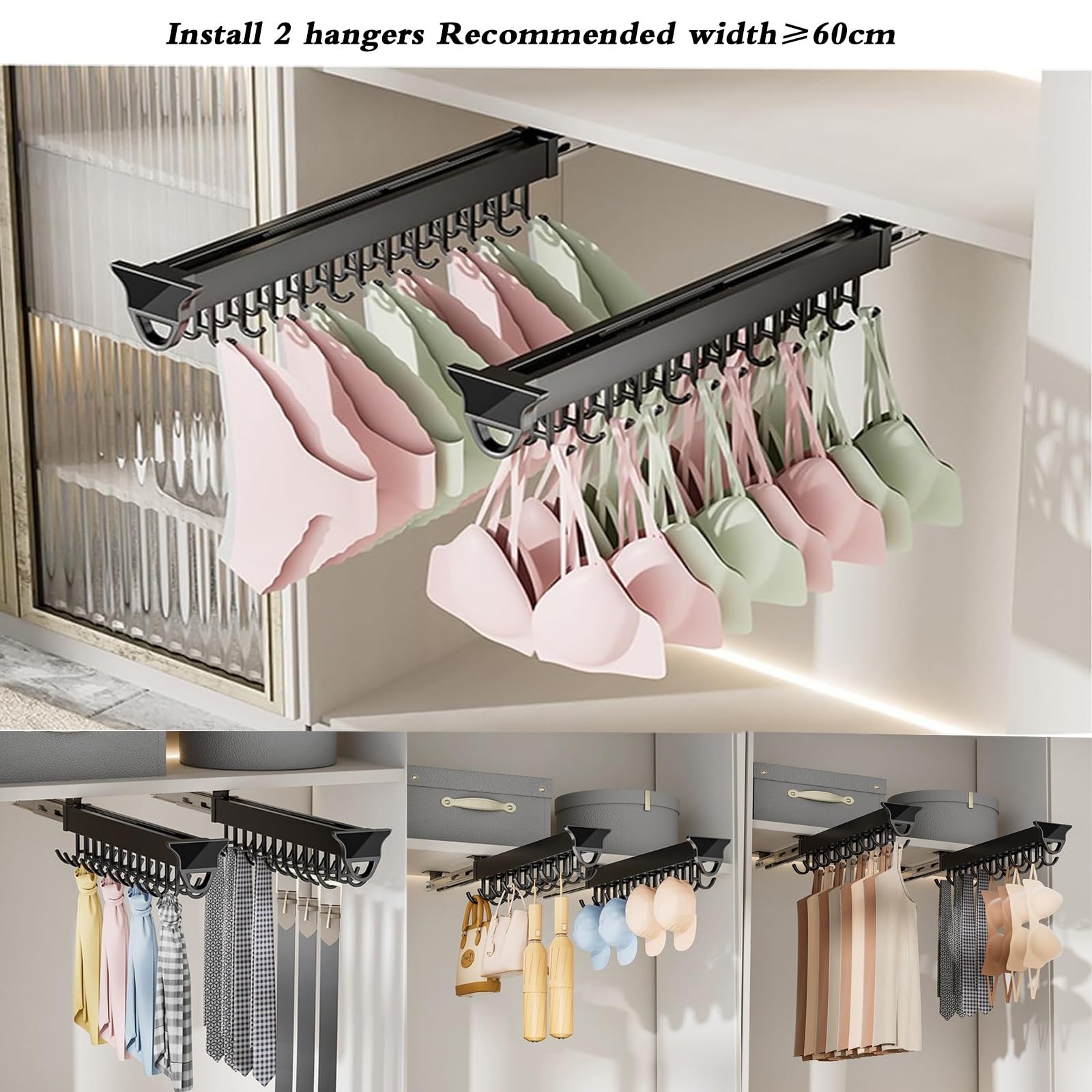 **Pull Out Pots and Pans Organizer for Kitchen Cabinets - Heavy Duty Hanging Sliding Utensil Holder with Double Row Hooks, 30kg/66lbs Capacity (46cm/18.11in) - Perfect for Pantry, Spice Rack & Cooking Tool Storage**