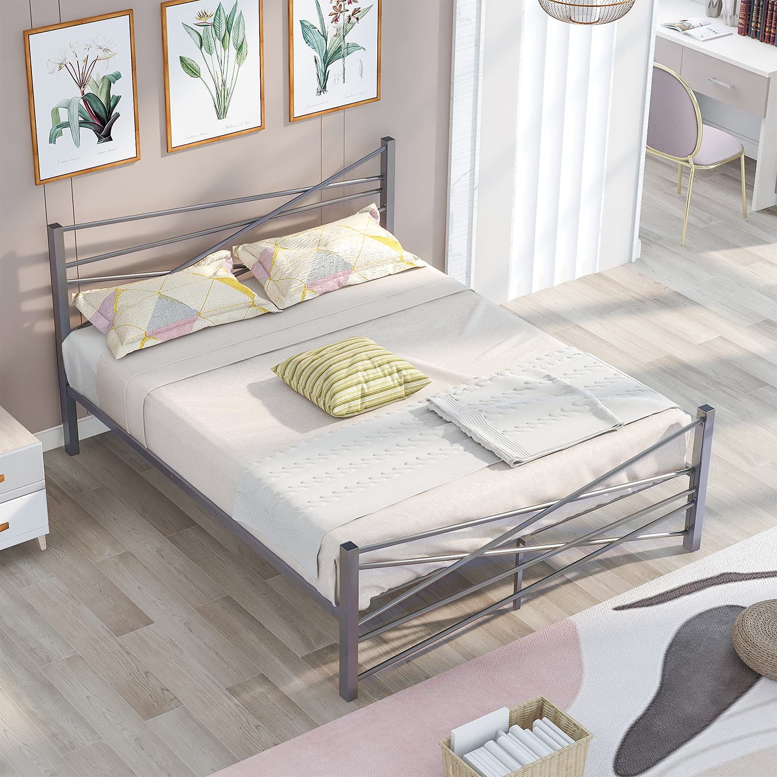 Metal Bed Frame with Headboard - No Box Spring Needed Platform Bed with Under-Bed Storage, Victorian Vintage Style (Black) | Perfect for Small Bedrooms, Guest Rooms & Apartment Living
